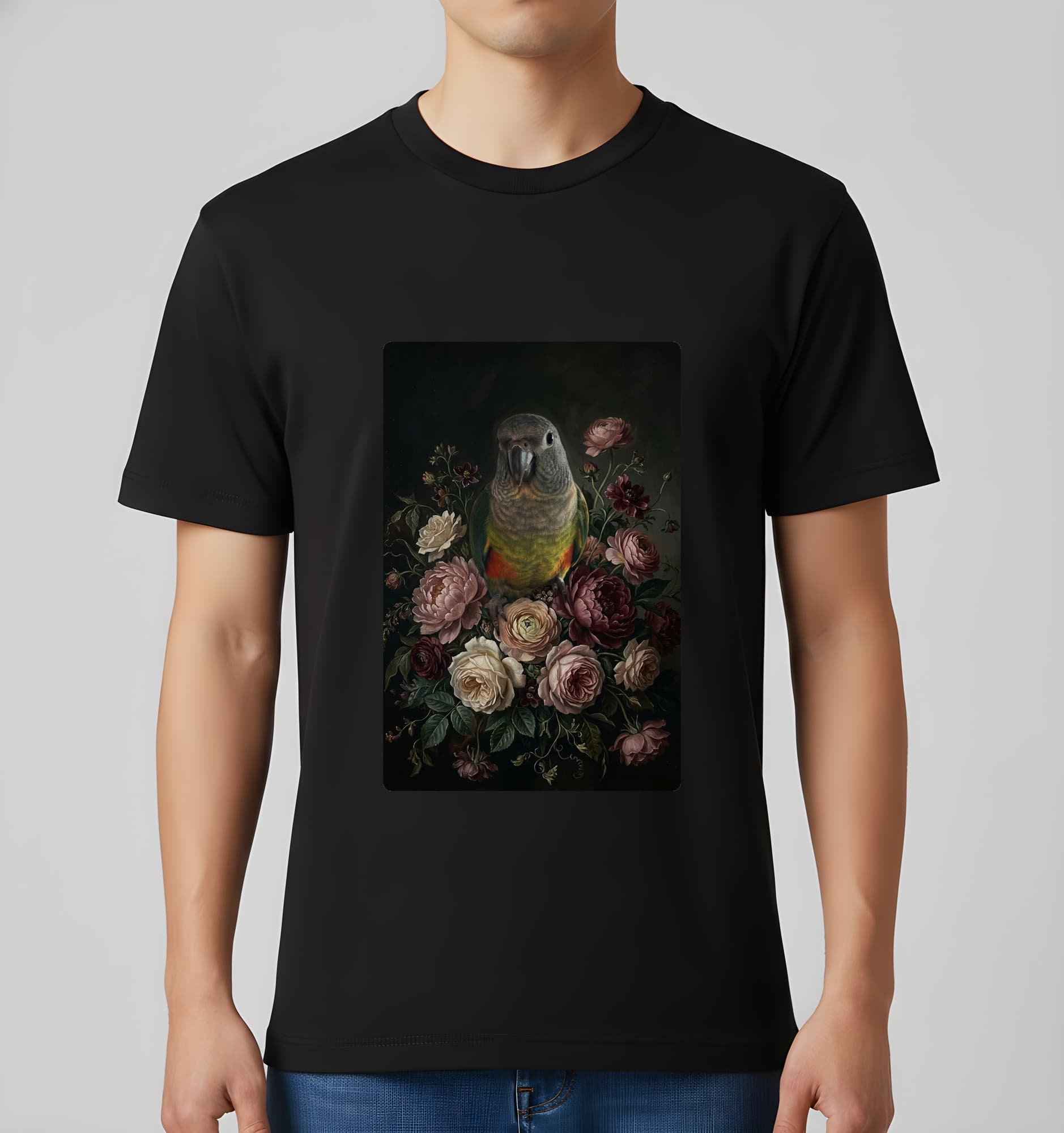 Red-bellied Parrot Floral Oil-Painting Floral T-Shirt (Black) 3