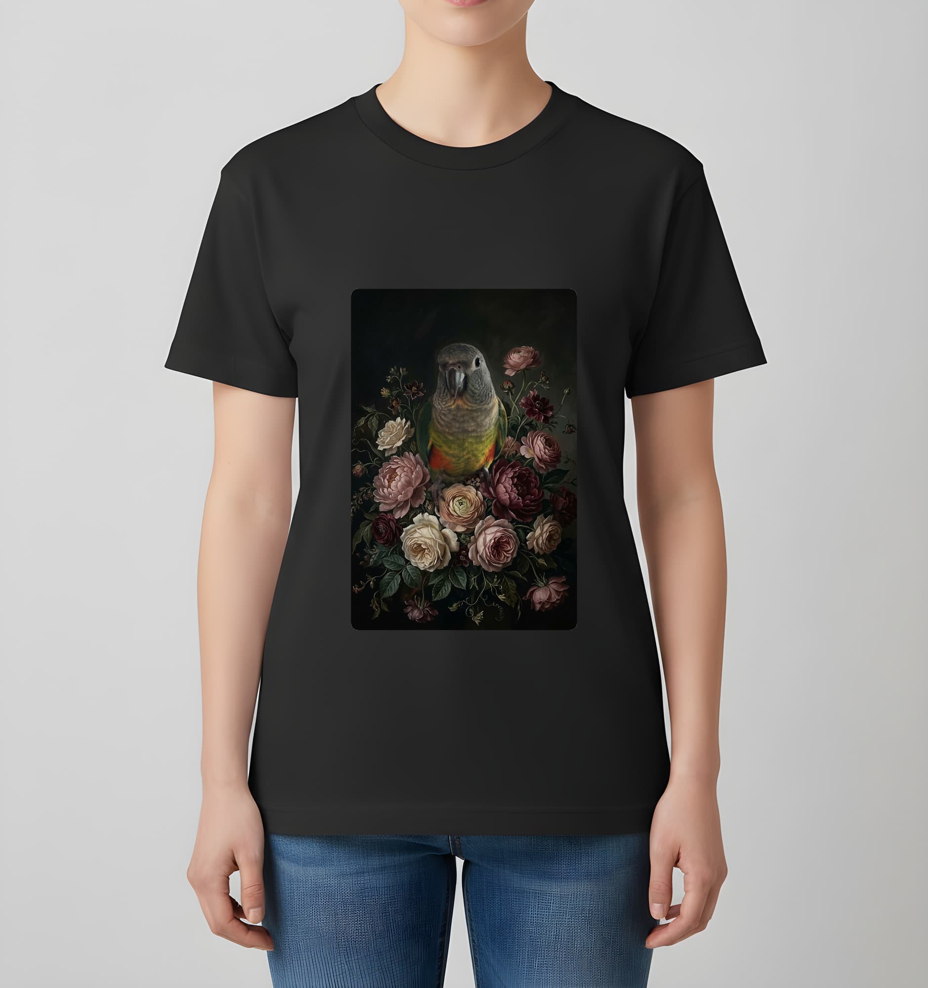 Red-bellied Parrot Floral Oil-Painting Floral T-Shirt (Black) 4