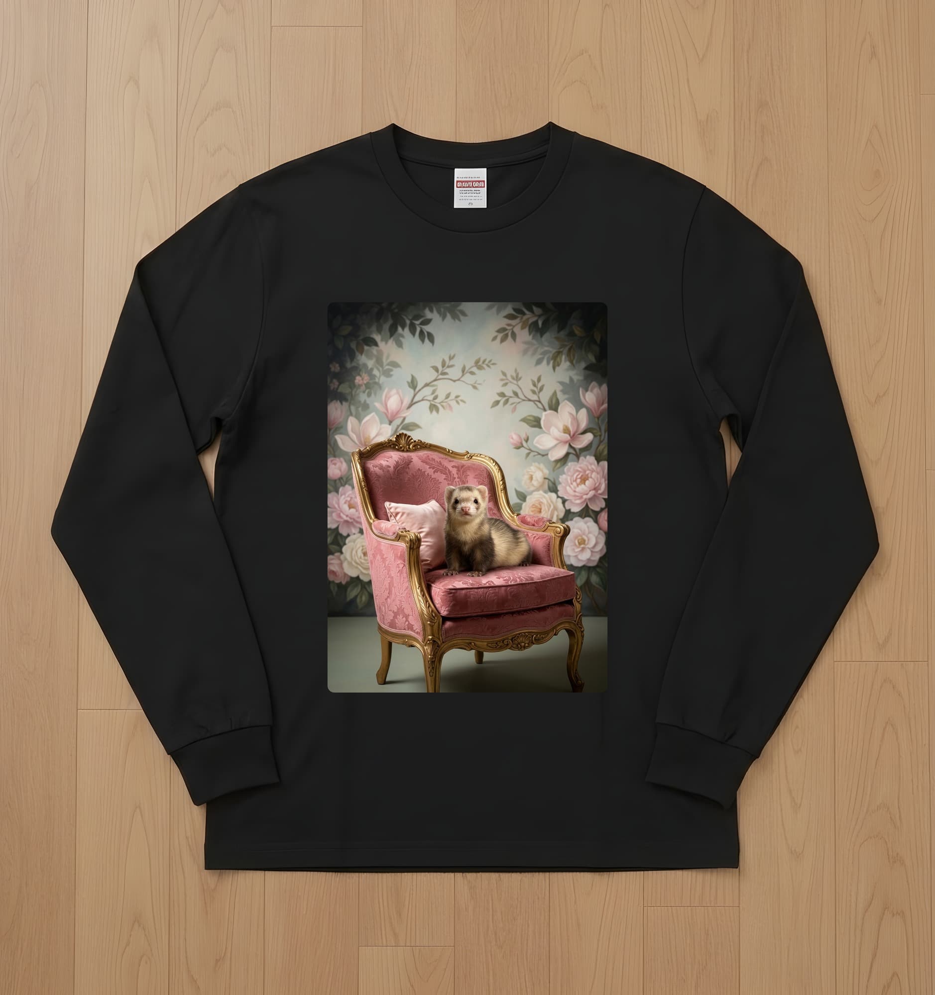 Ferret Shabby Pink Oil-Painting Rococo Long Sleeve T-Shirt (Black)