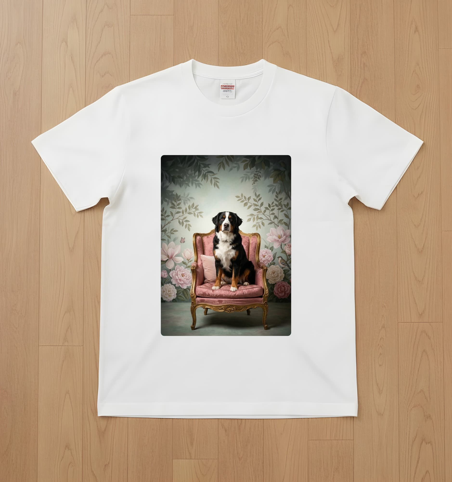 バーニーズマウンテンドッグのシャビーピンクの油絵風アートロココ調Tシャツ(ホワイト)