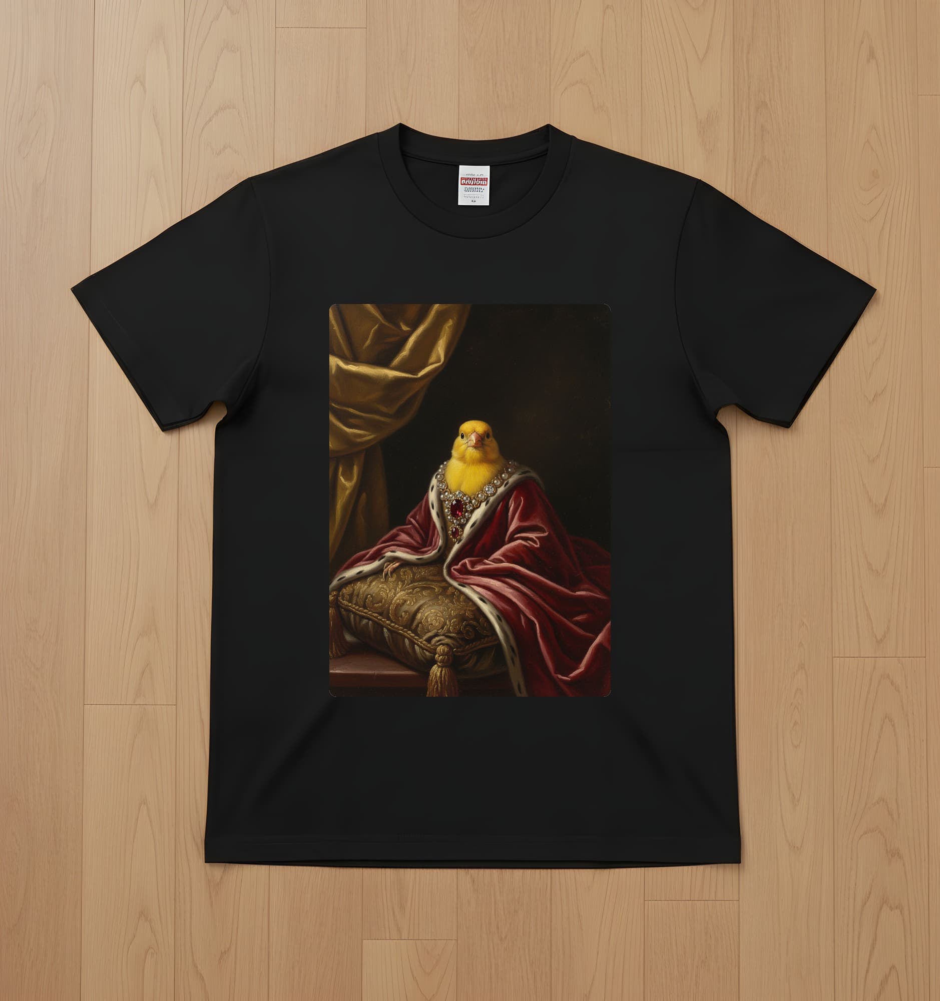 カナリアのルネサンス肖像画Tシャツ(ブラック・カラープリント・額縁なし)