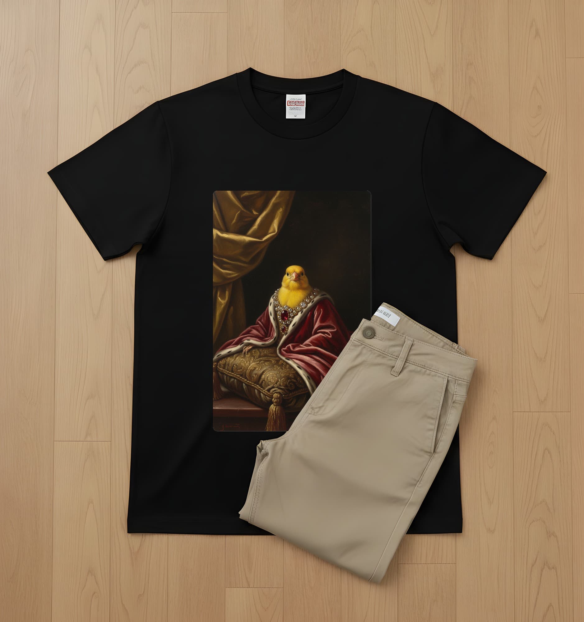 カナリアのルネサンス肖像画Tシャツ(ブラック・カラープリント・額縁なし) 2