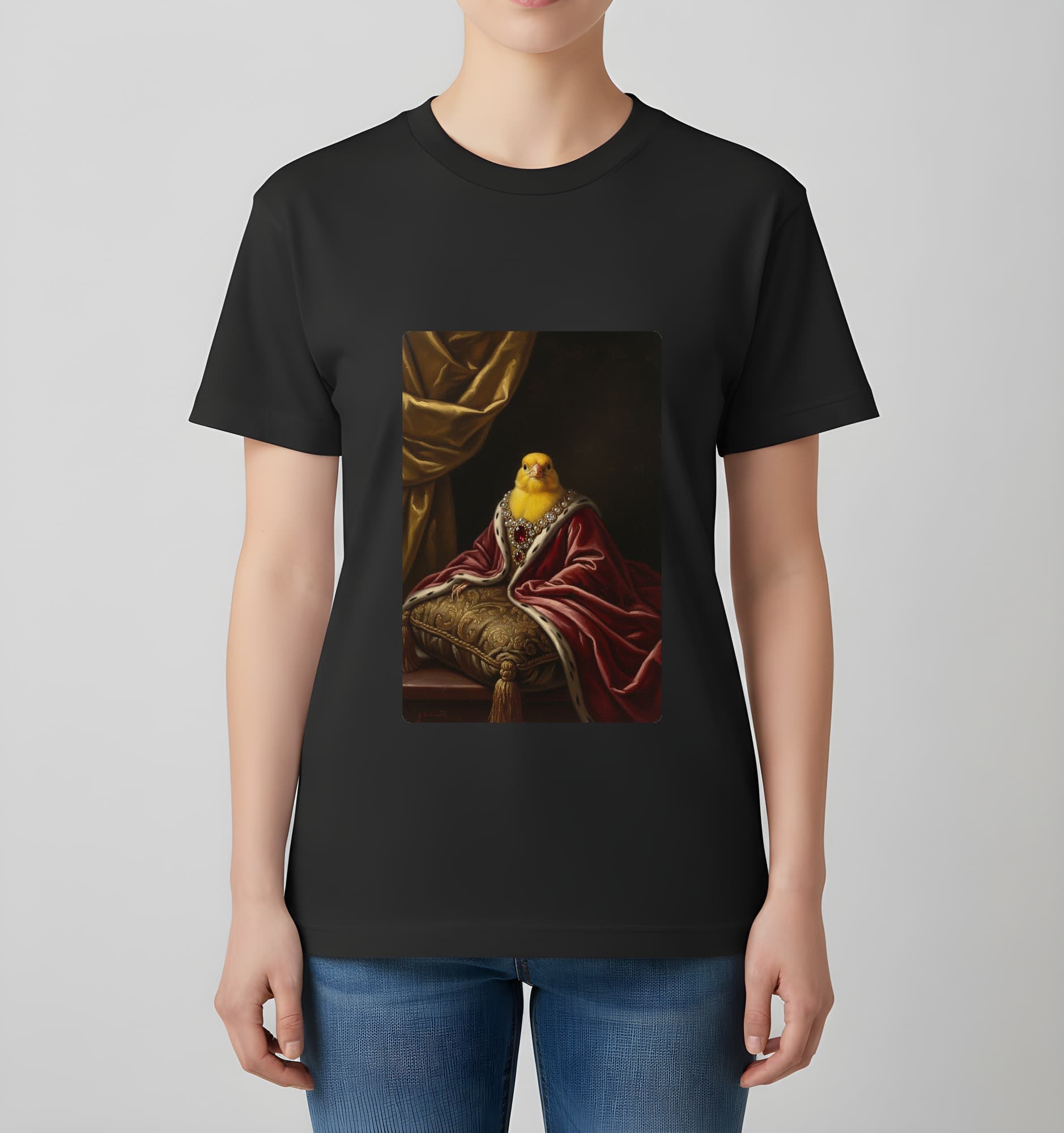 カナリアのルネサンス肖像画Tシャツ(ブラック・カラープリント・額縁なし) 4