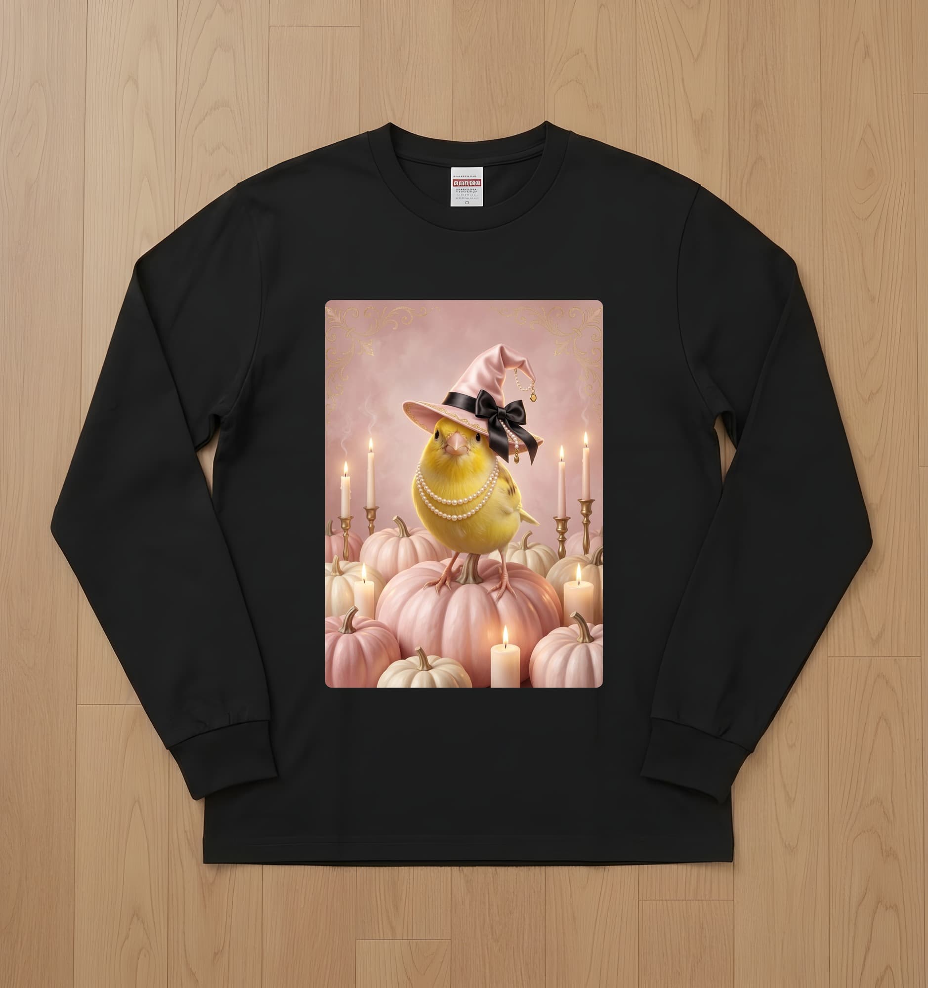Canary Pumpkin & Candlelight Oil-Painting Halloween Long Sleeve T-Shirt (Black)