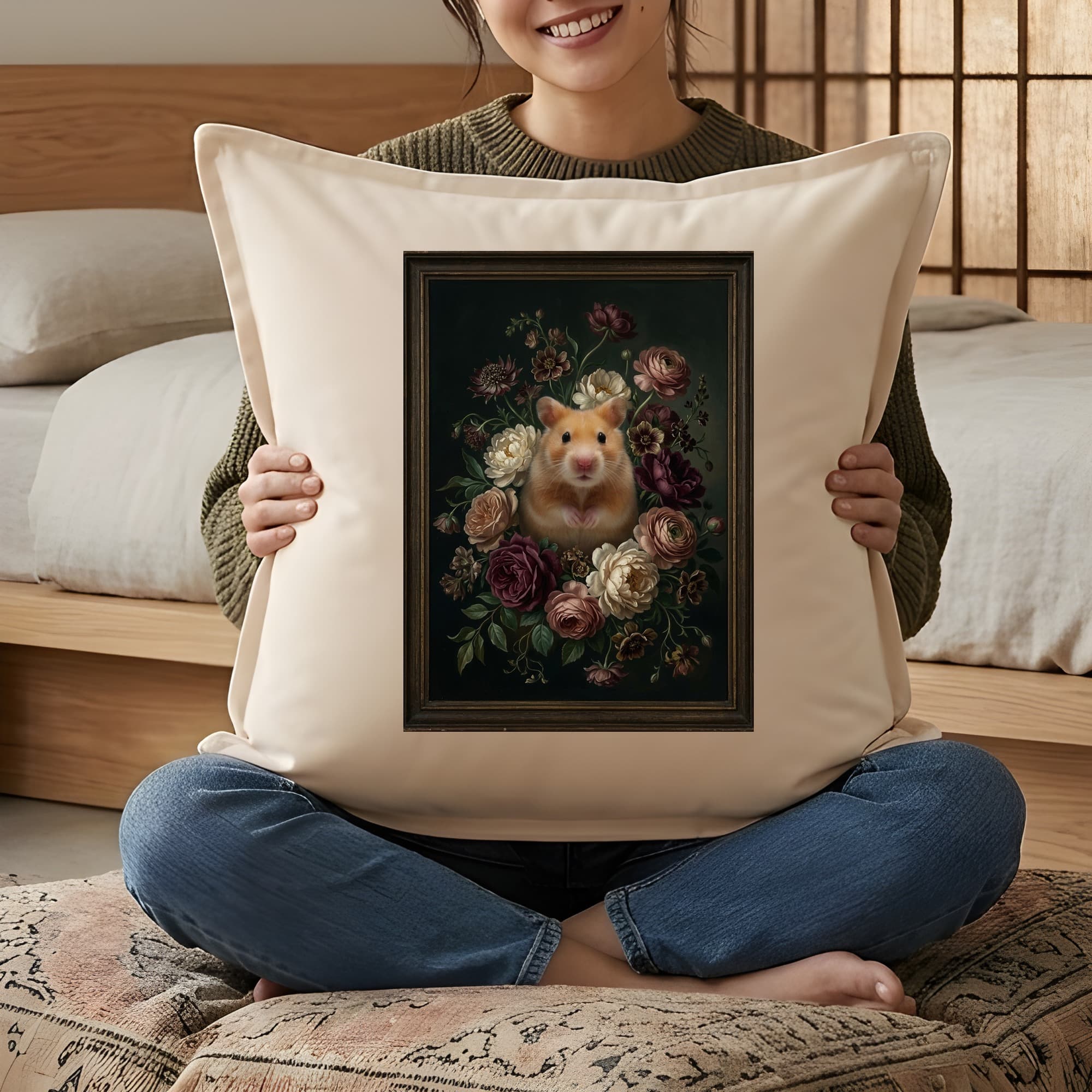 ゴールデンハムスターの花の油絵風アート花柄クッション 3