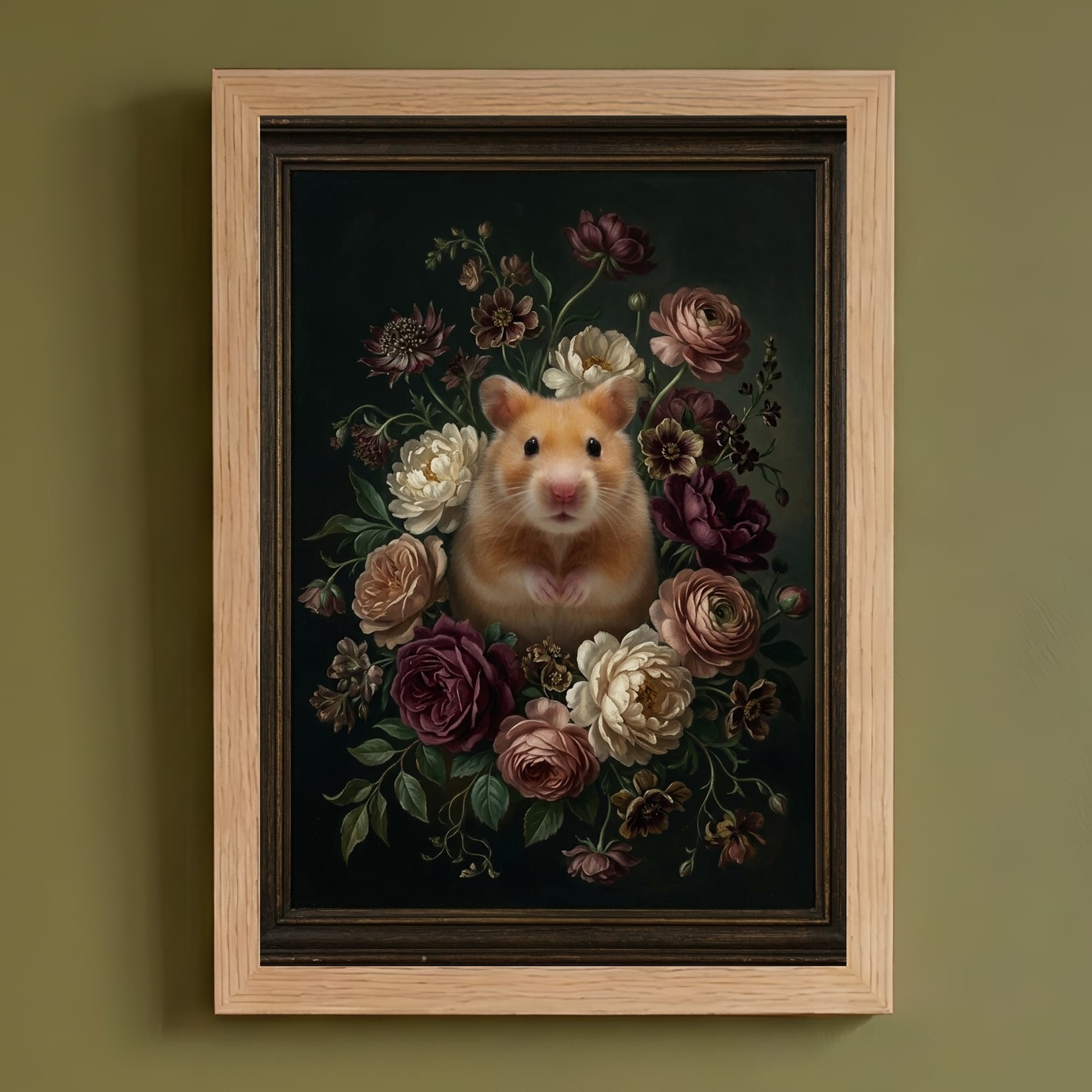 ゴールデンハムスターの花の油絵風アート花柄額装プリント(A4サイズ)