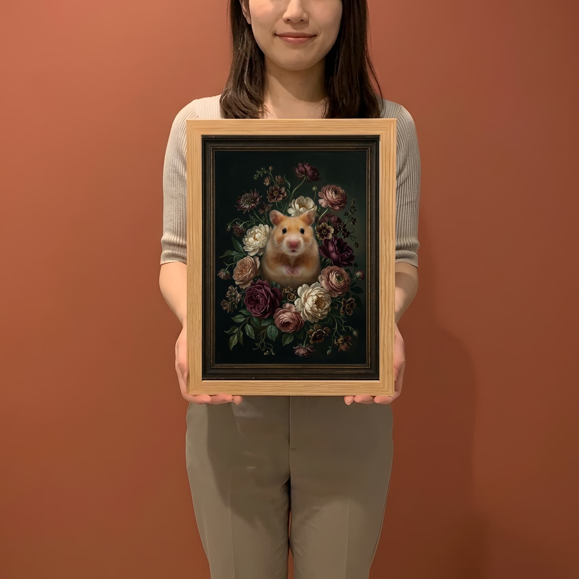 ゴールデンハムスターの花の油絵風アート花柄額装プリント(A3サイズ) 2