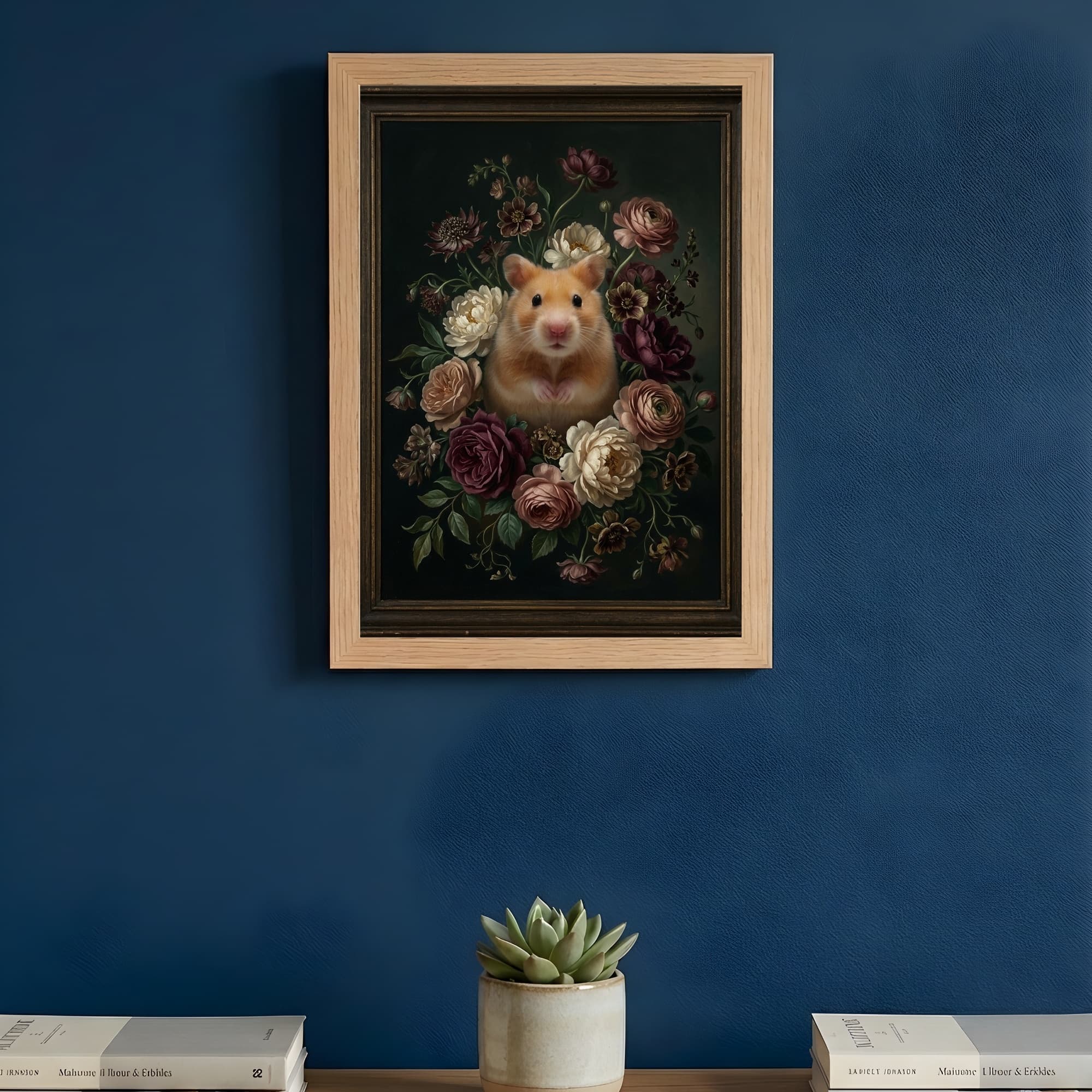 ゴールデンハムスターの花の油絵風アート花柄額装プリント(A3サイズ) 3
