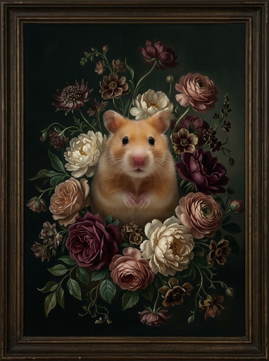 ゴールデンハムスターの花の油絵風アート花柄額装プリント(A3サイズ) 4