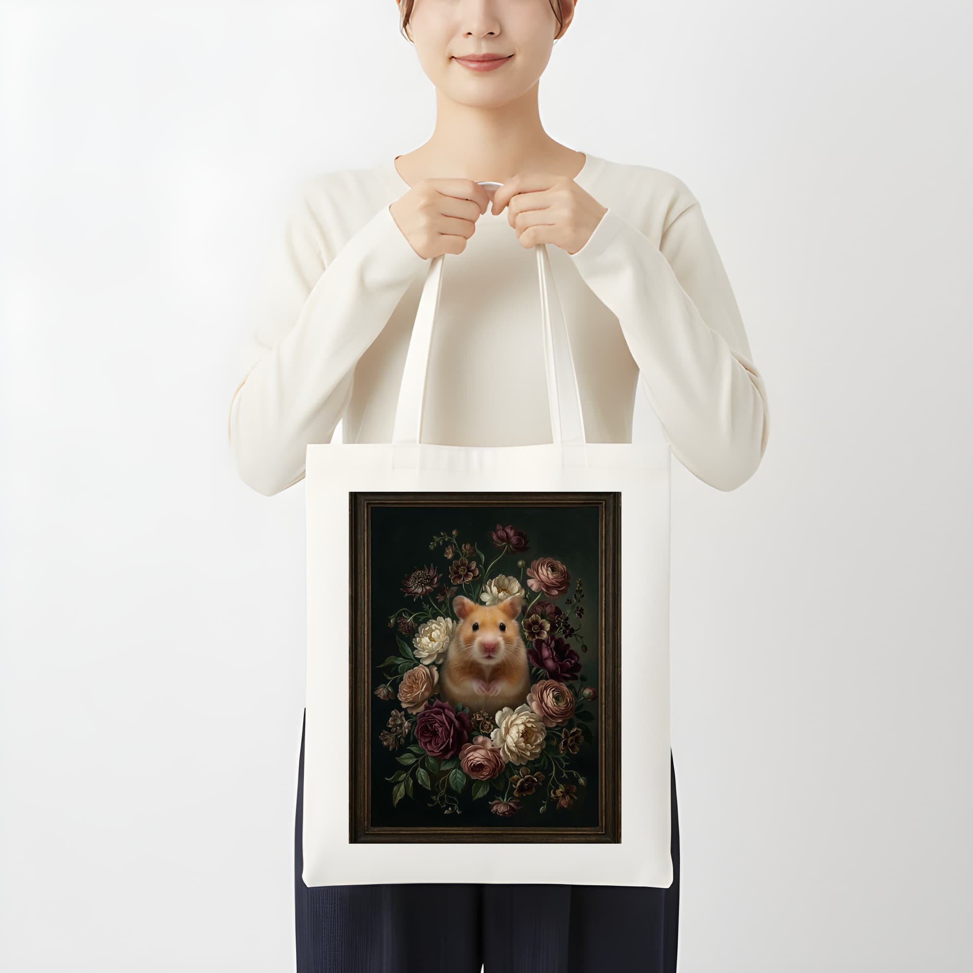 Golden hamster Floral Oil-Painting Floral Tote Bag 3
