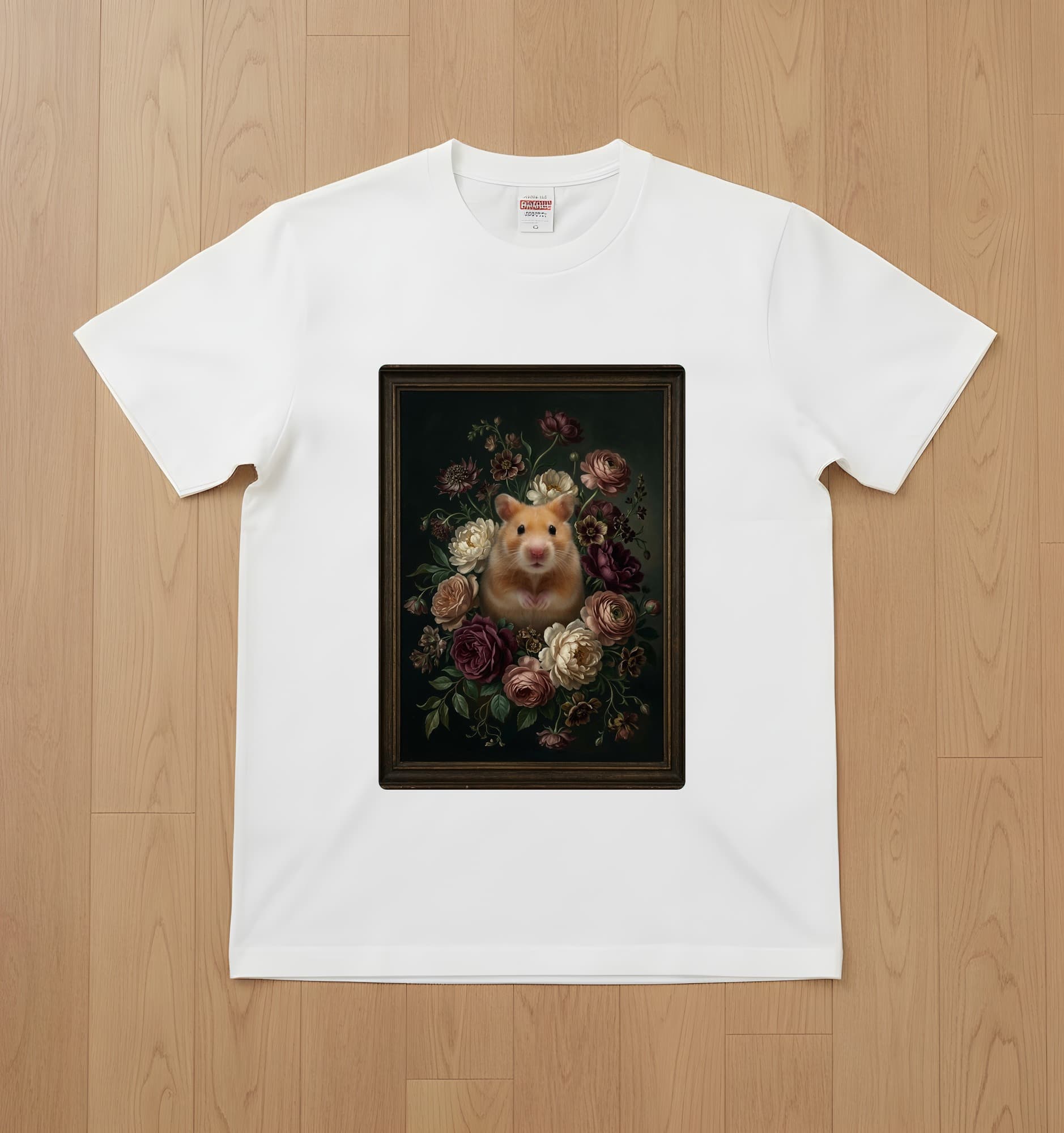 ゴールデンハムスターの花の油絵風アート花柄Tシャツ(ホワイト)