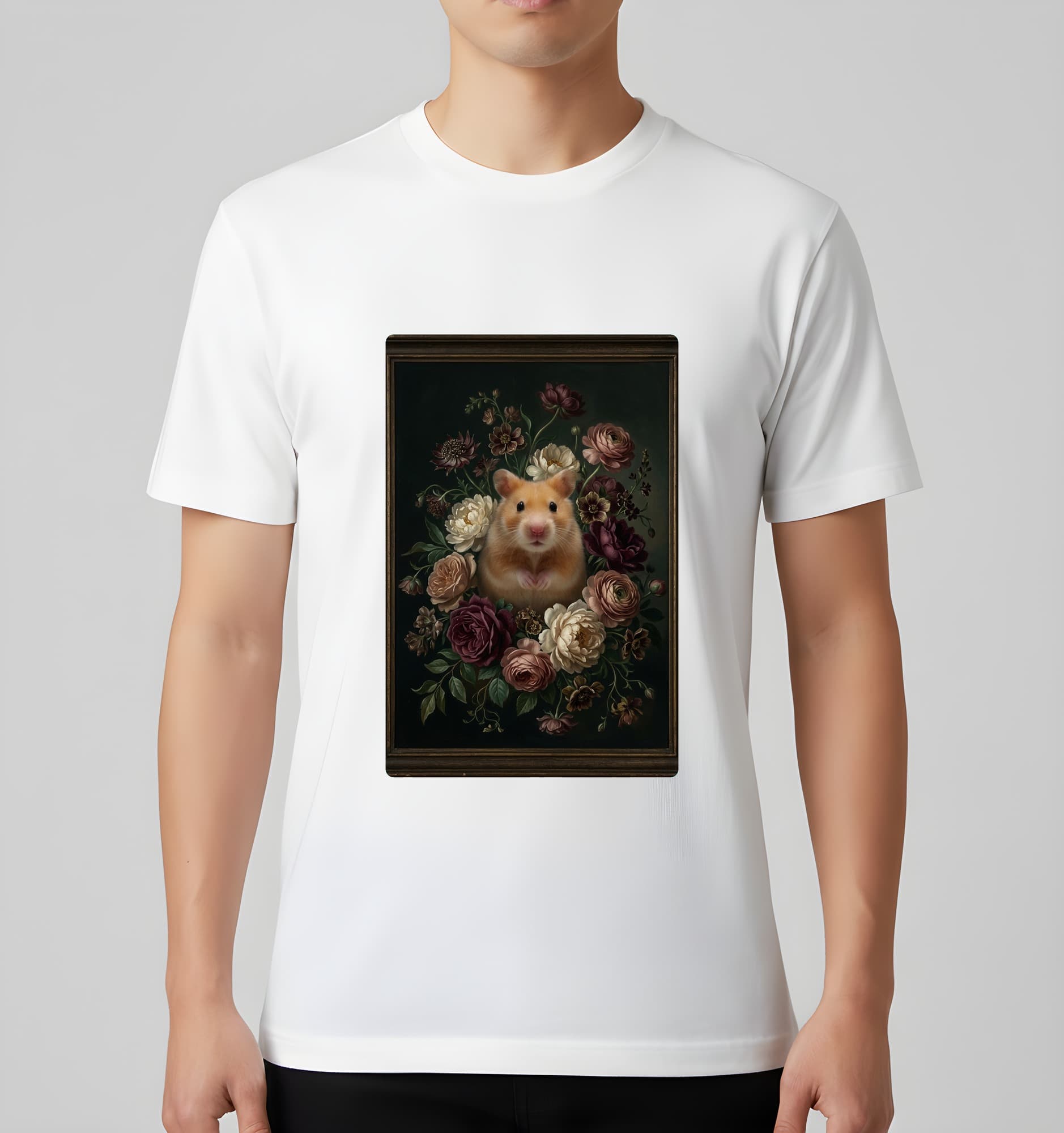 ゴールデンハムスターの花の油絵風アート花柄Tシャツ(ホワイト) 3