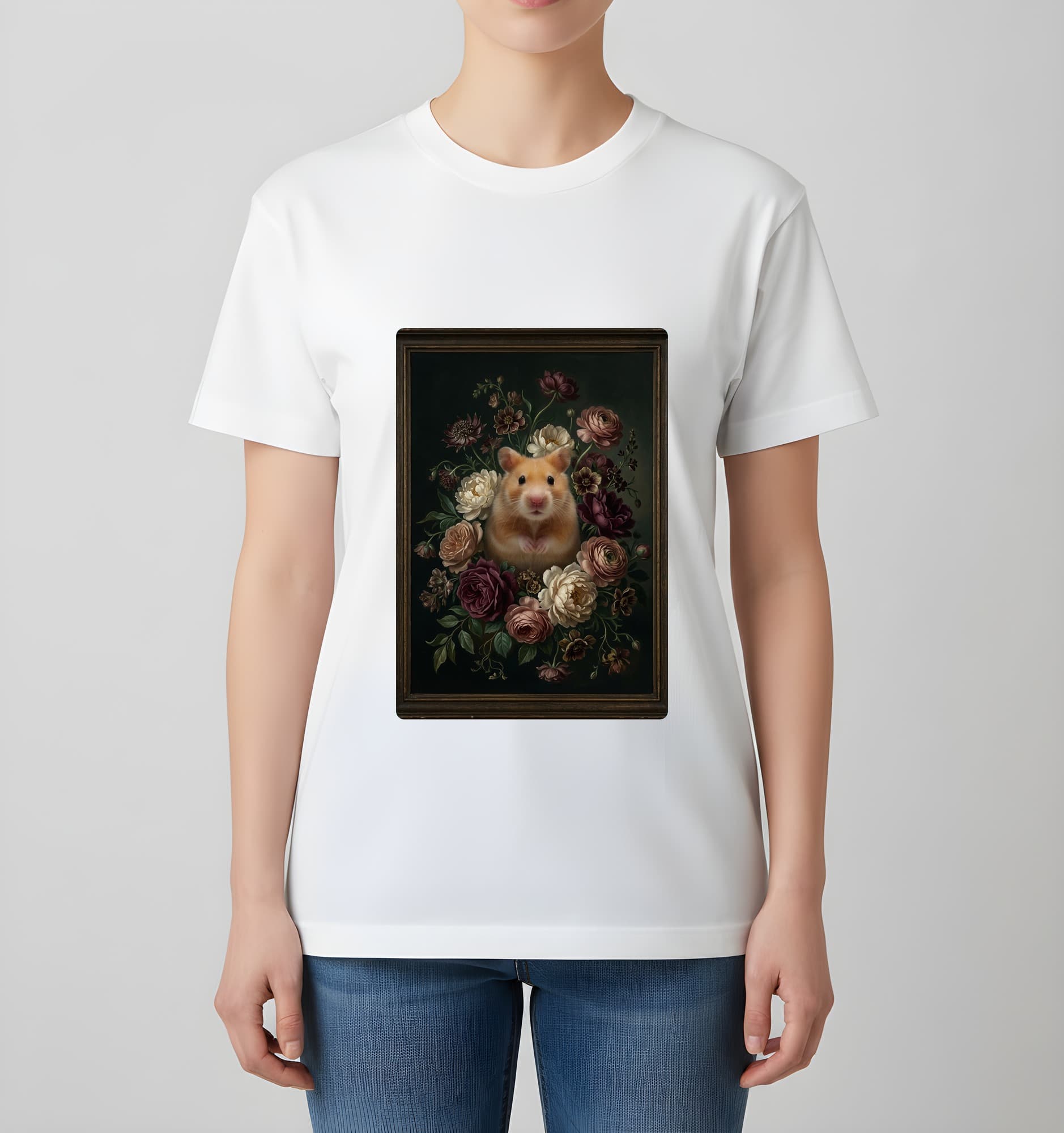 ゴールデンハムスターの花の油絵風アート花柄Tシャツ(ホワイト) 4