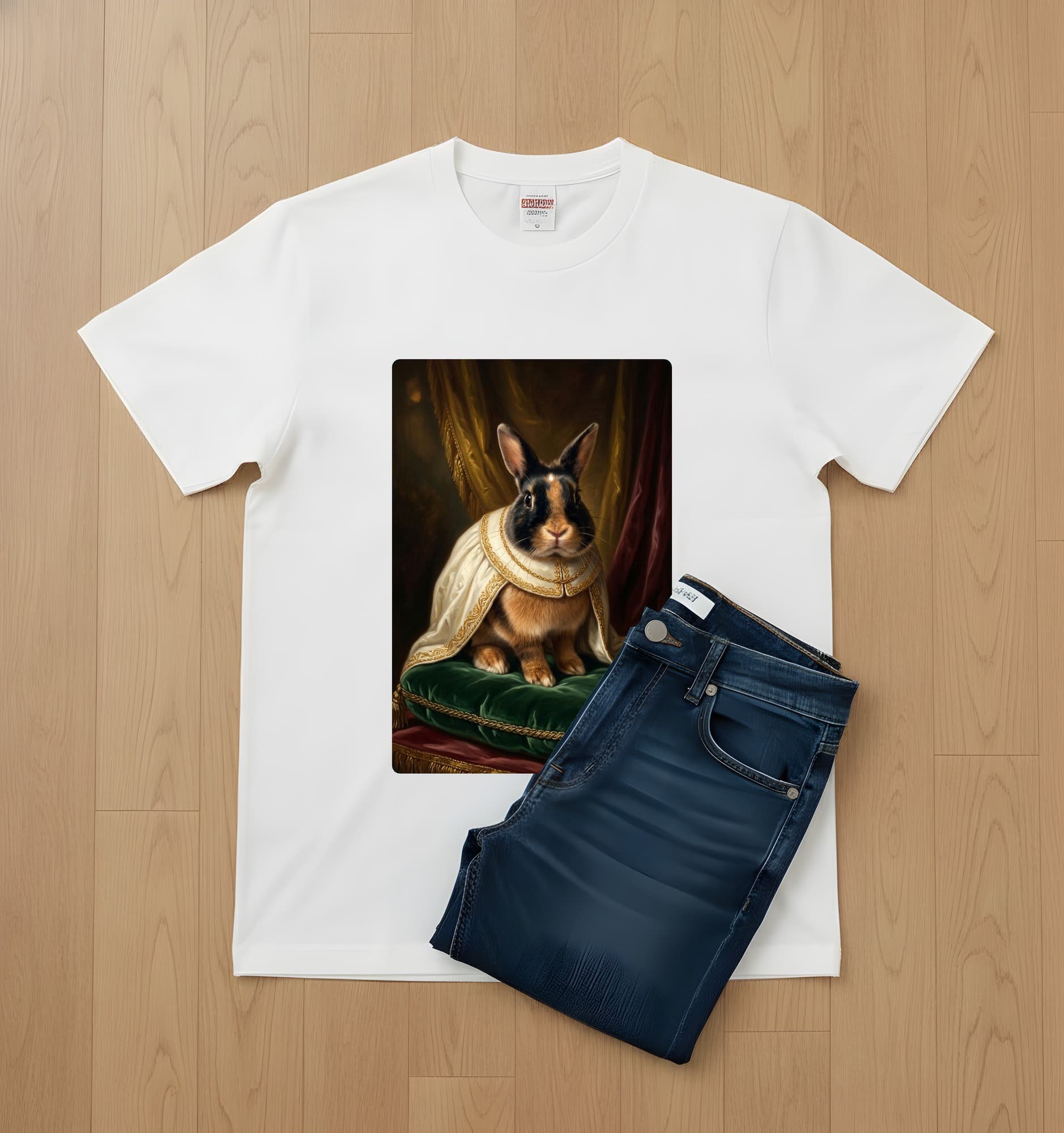 ハーレクインのルネサンス肖像画Tシャツ(ホワイト・カラープリント・額縁なし) 2