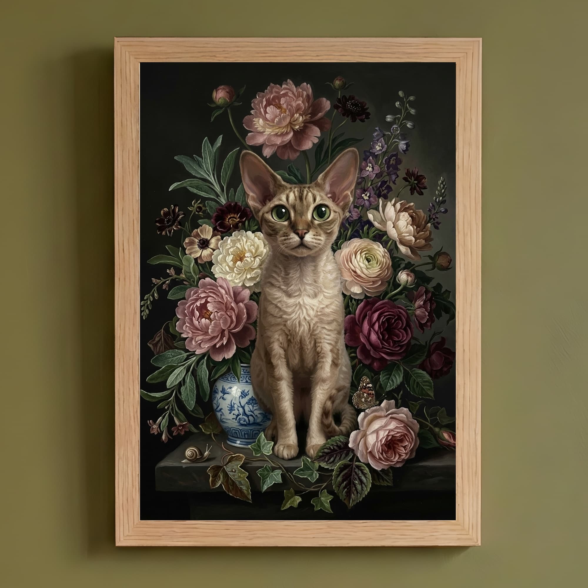 Devon Rex Floral Oil-Painting Floral Framed Art Print (A4)