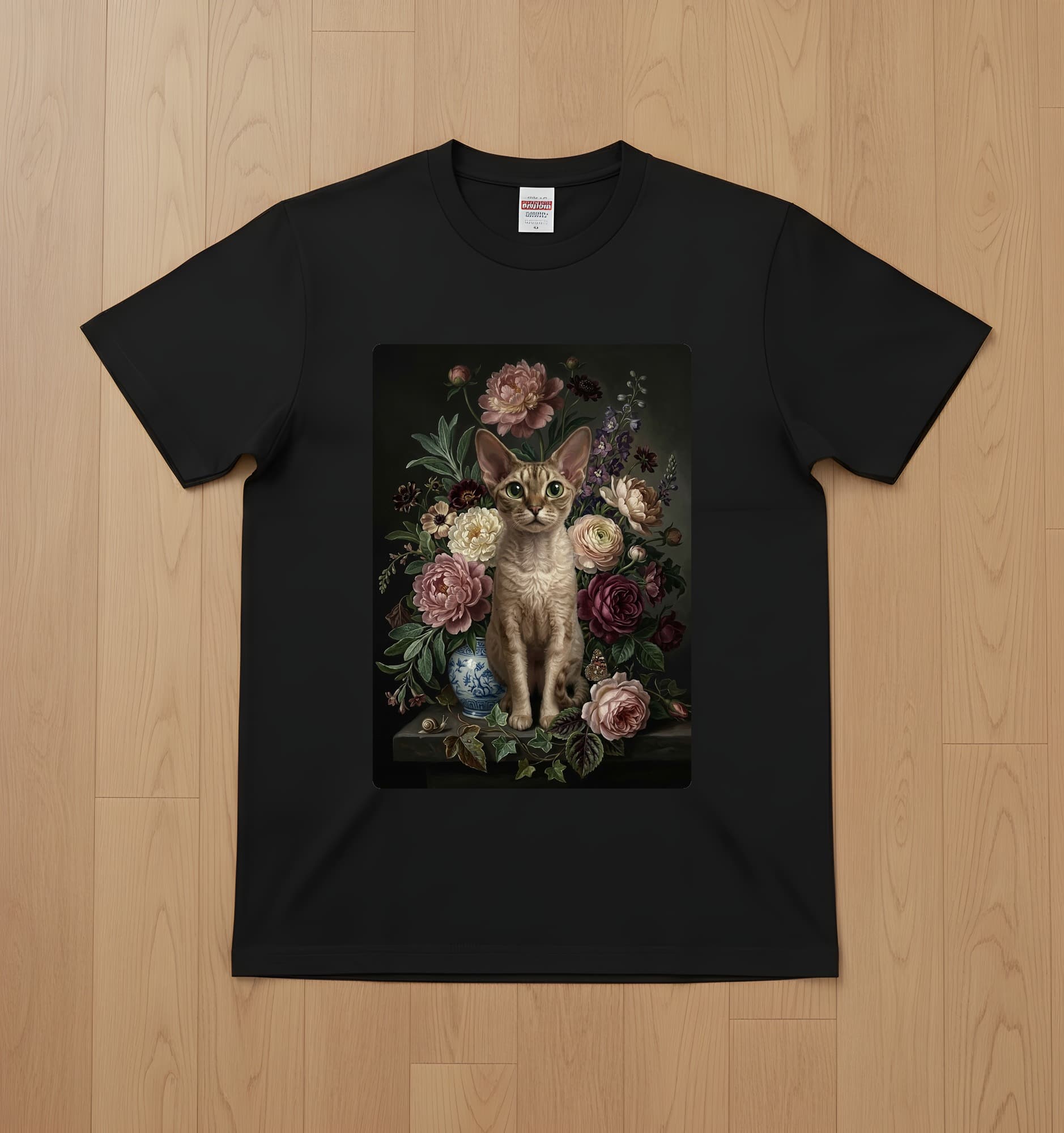 デボンレックスの花の油絵風アート花柄Tシャツ(ブラック)