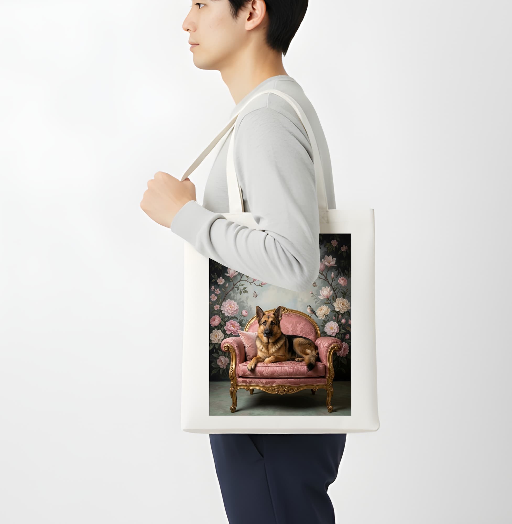 German shepherd Shabby Pink Oil-Painting Rococo Tote Bag 4