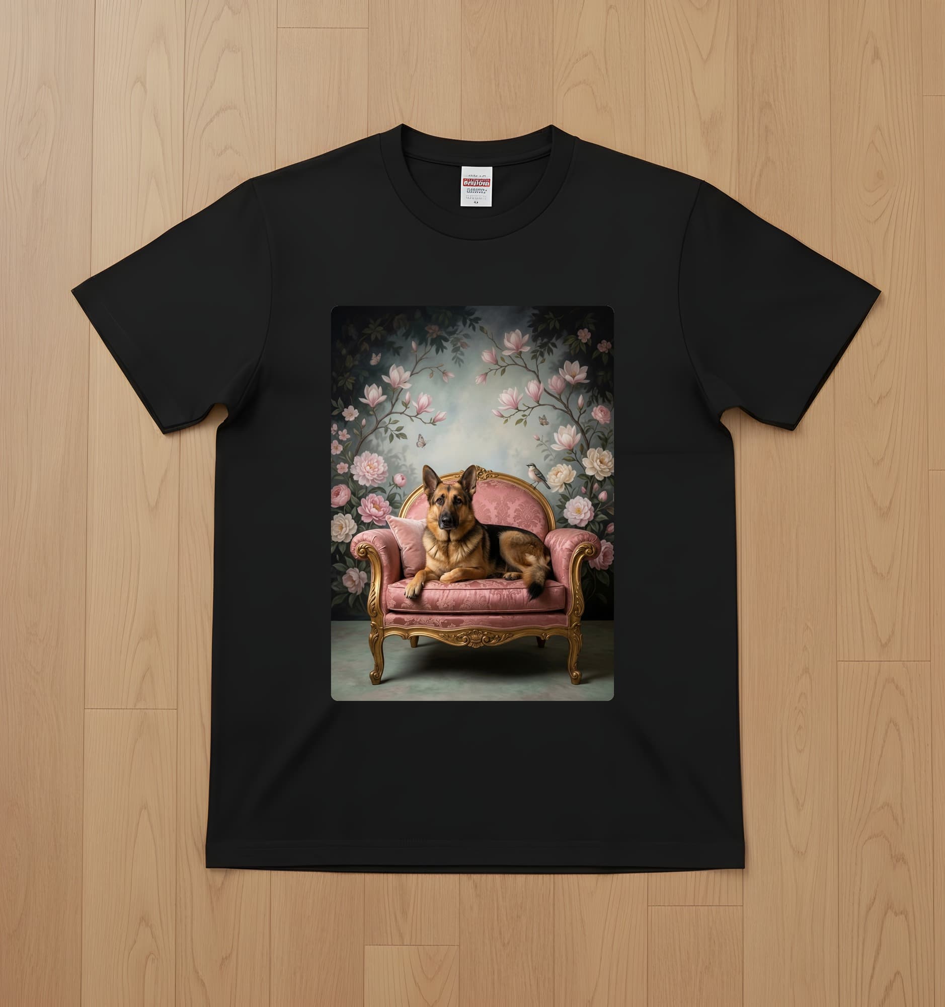 ジャーマンシェパードのシャビーピンクの油絵風アートロココ調Tシャツ(ブラック)