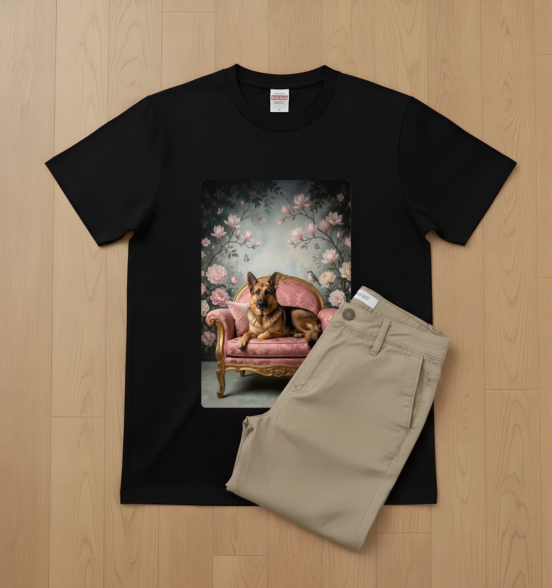 ジャーマンシェパードのシャビーピンクの油絵風アートロココ調Tシャツ(ブラック) 2