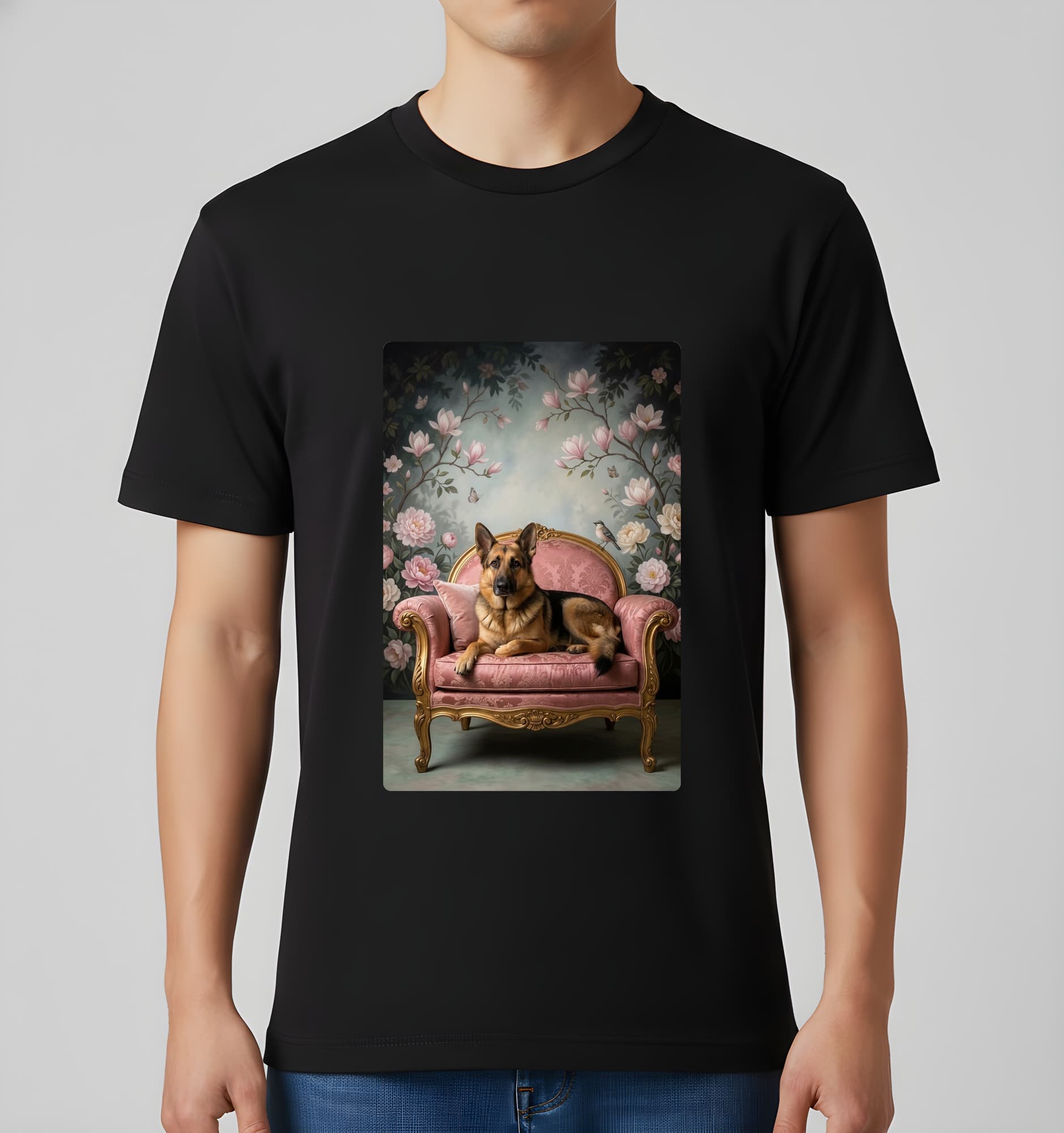 ジャーマンシェパードのシャビーピンクの油絵風アートロココ調Tシャツ(ブラック) 3