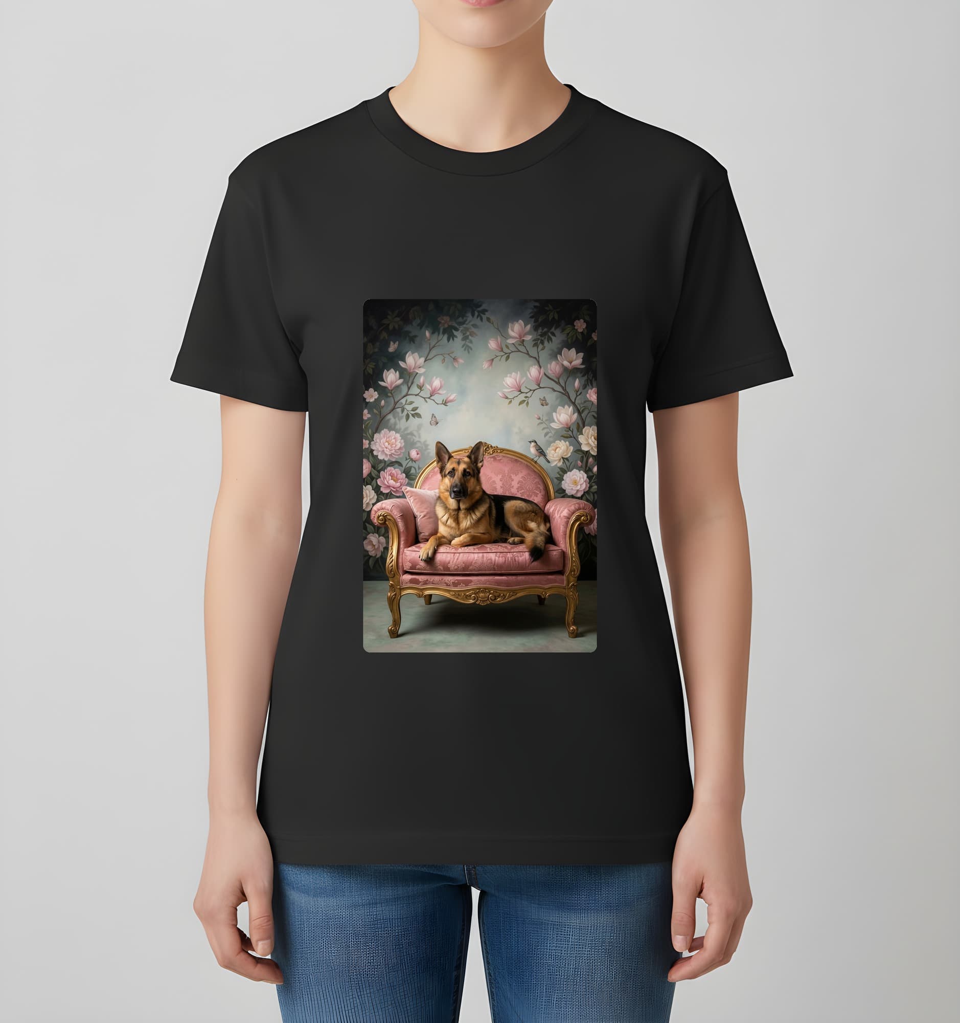 ジャーマンシェパードのシャビーピンクの油絵風アートロココ調Tシャツ(ブラック) 4