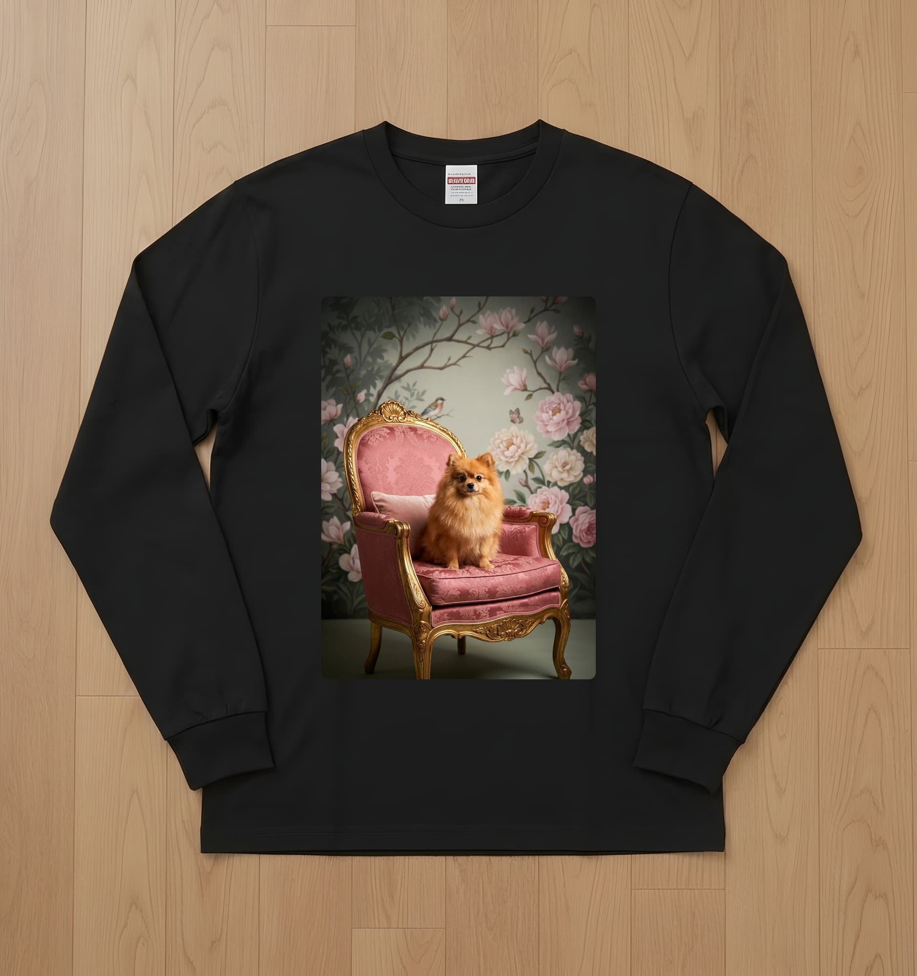 ポメラニアンのシャビーピンクの油絵風アートロココ調長袖Tシャツ(ブラック)