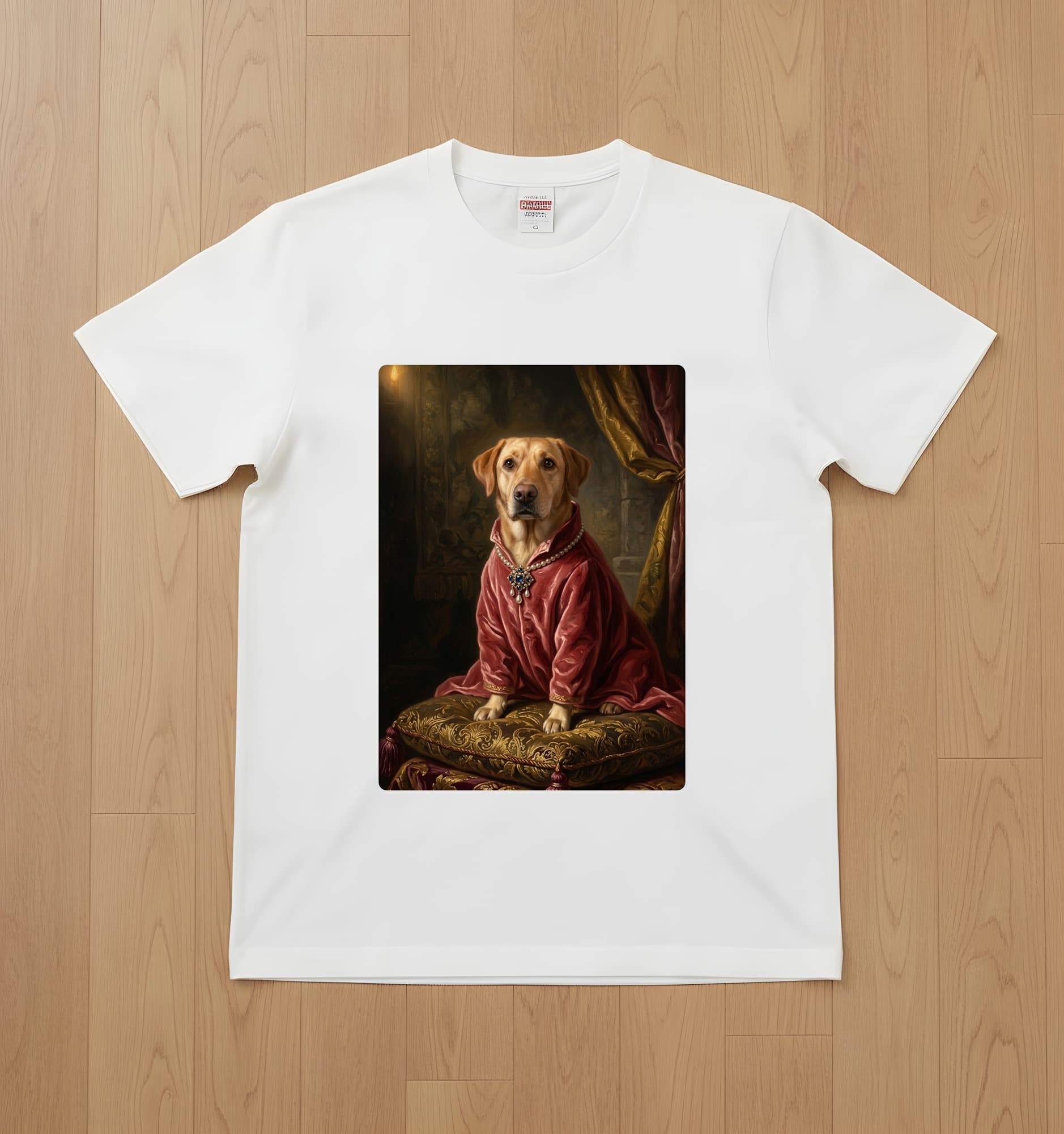 ラブラドールレトリバーのルネサンス肖像画Tシャツ(ホワイト・カラープリント・額縁なし)