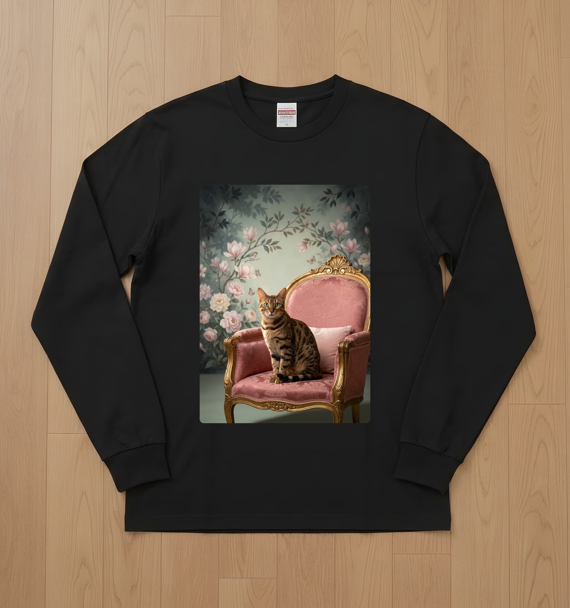 Bengal Shabby Pink Oil-Painting Rococo Long Sleeve T-Shirt (Black)