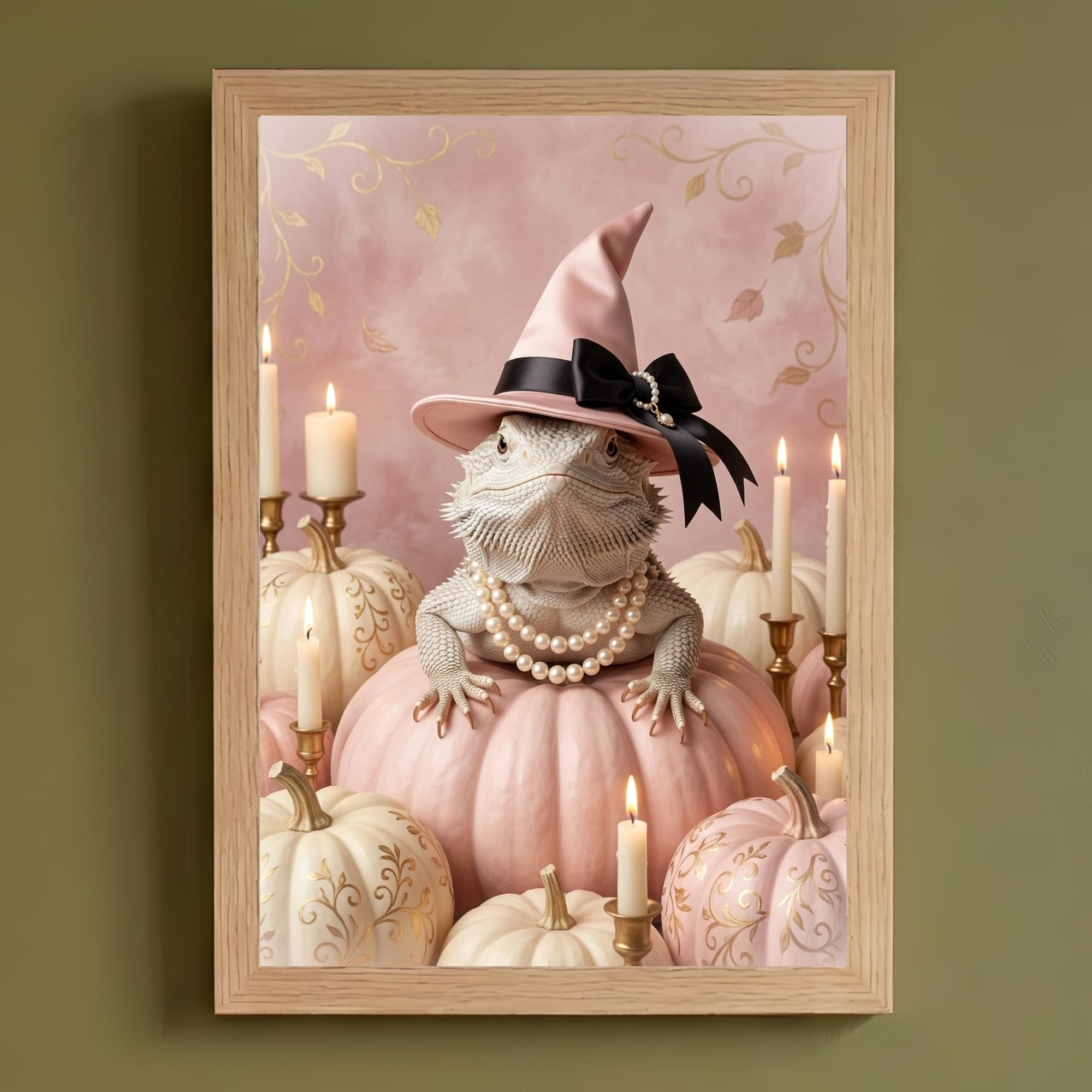 Desert Iguana Pumpkin & Candlelight Oil-Painting Halloween Framed Art Print (A4)