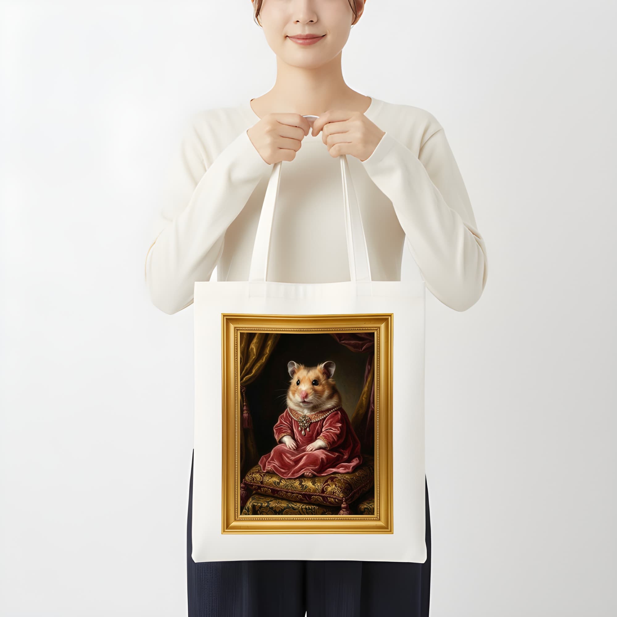 ファンシーハムスターのルネサンス肖像画トートバッグ(カラープリント・額縁デザインあり) 3