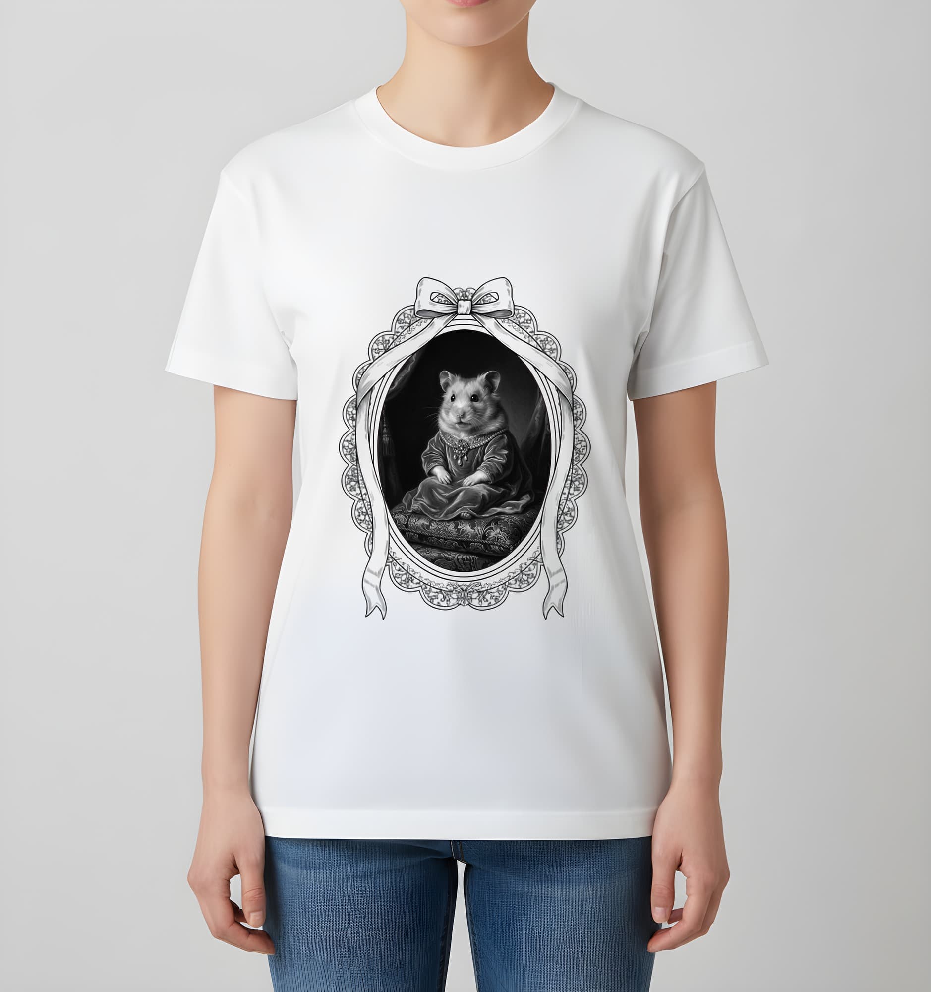 ファンシーハムスターのルネサンス肖像画Tシャツ(ホワイト・モノクロプリント・額縁デザインあり) 4