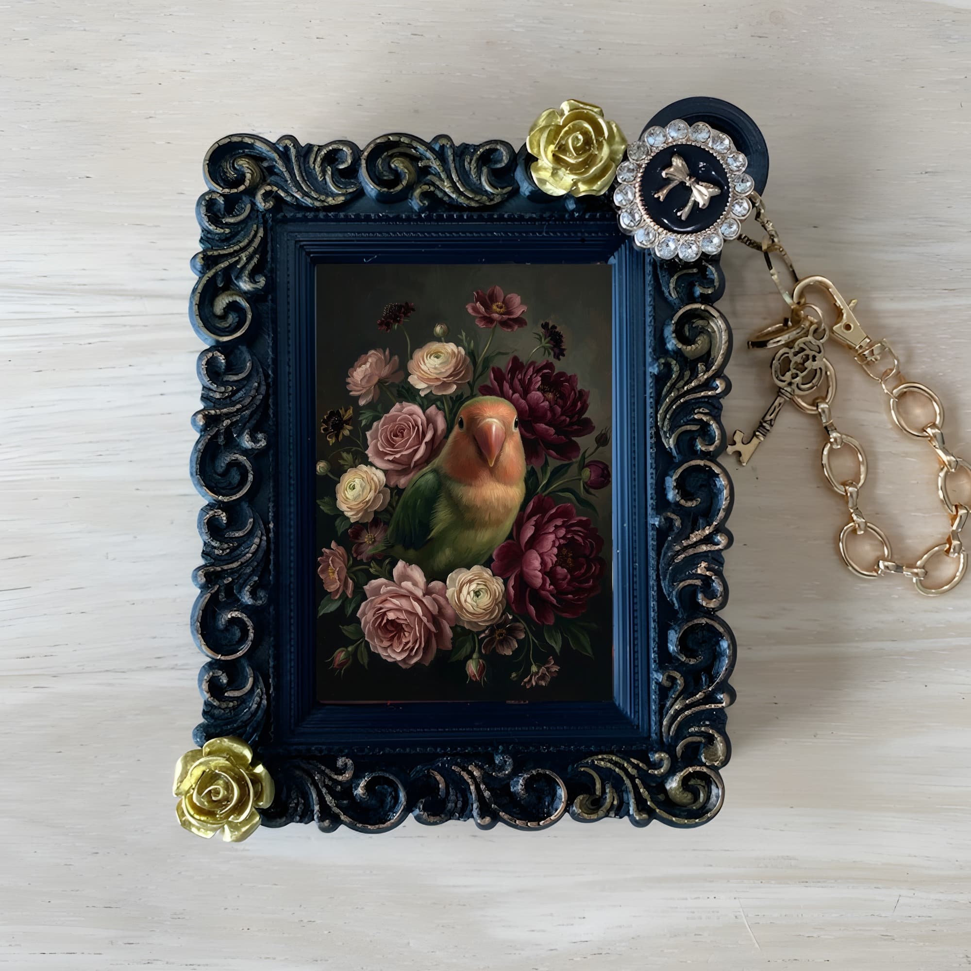 Peach-faced Lovebird Floral Oil-Painting Floral Bag Charm (Black)