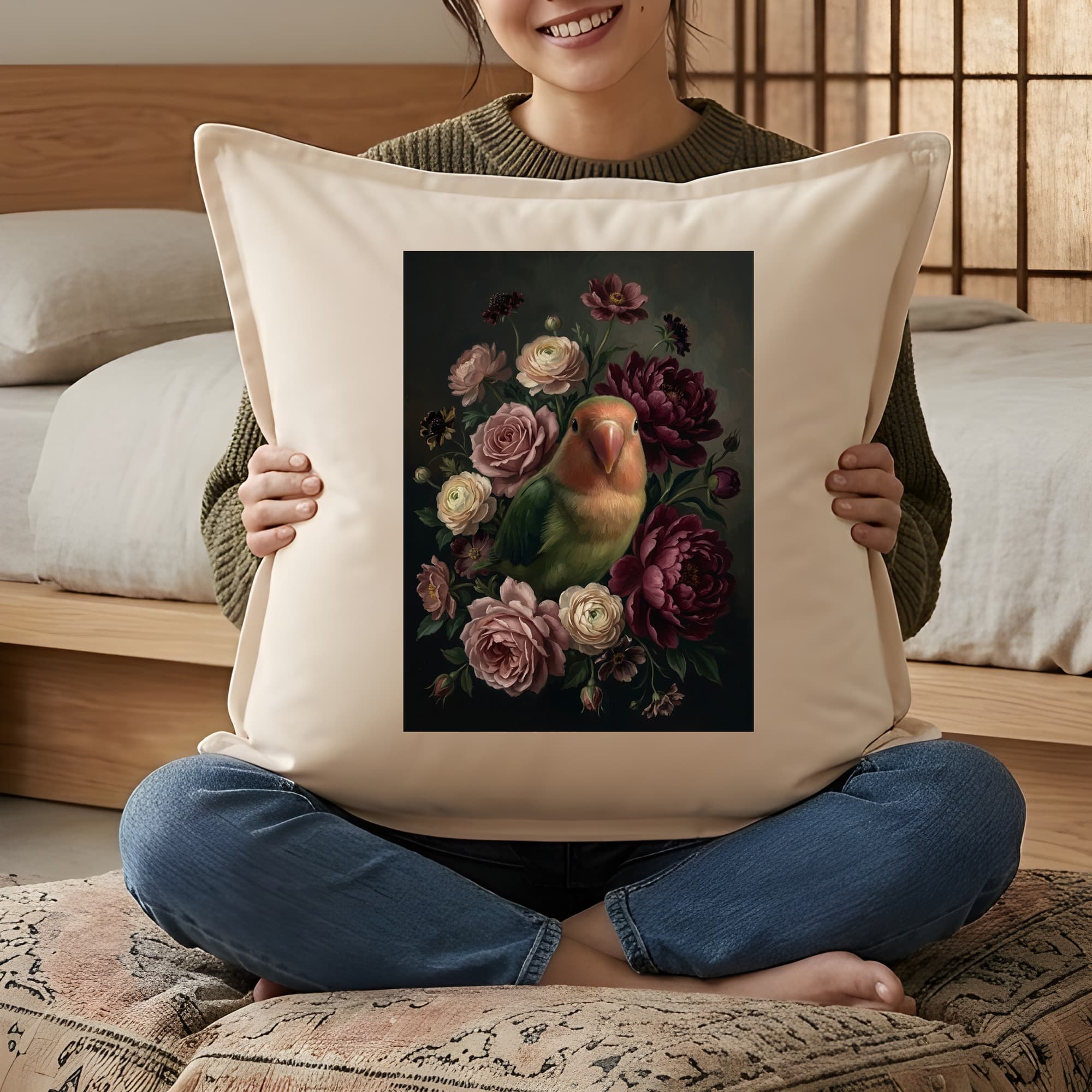 コザクラインコの花の油絵風アート花柄クッション 3