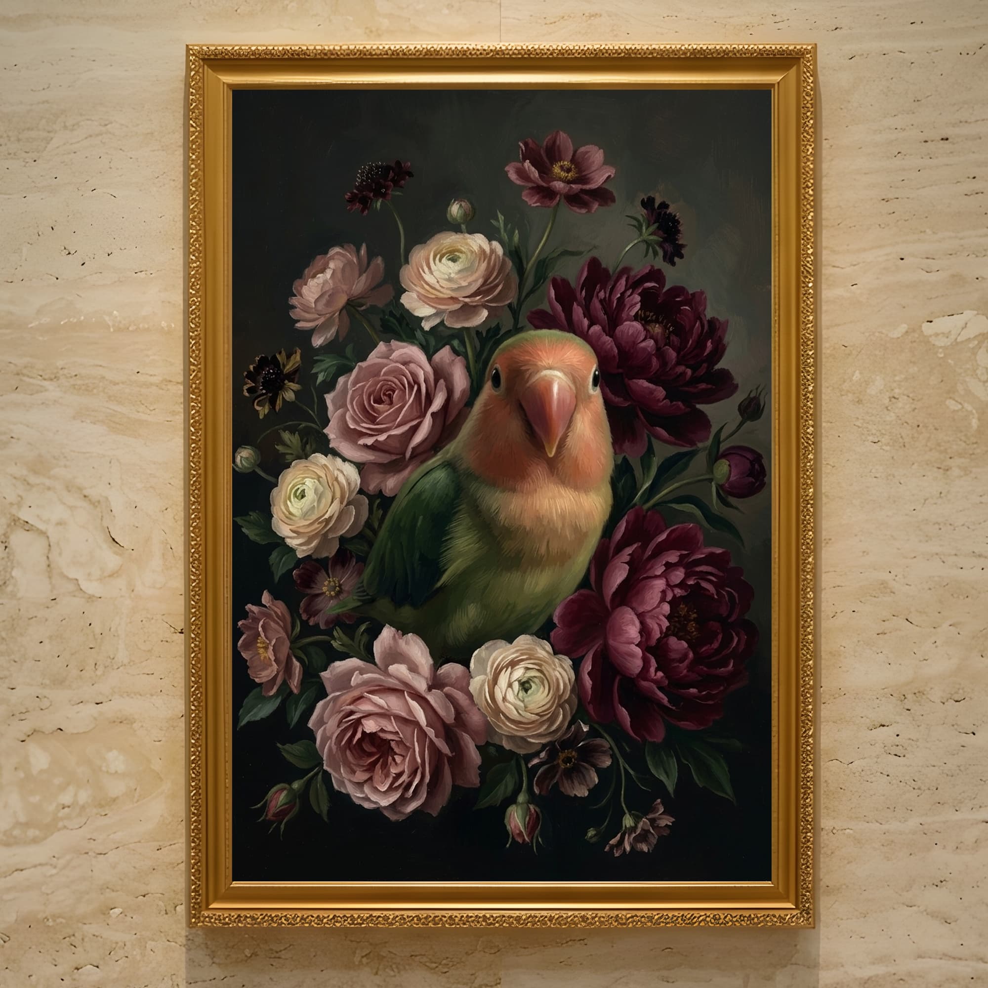 コザクラインコの花の油絵風アート花柄額装プリント(A3サイズ)