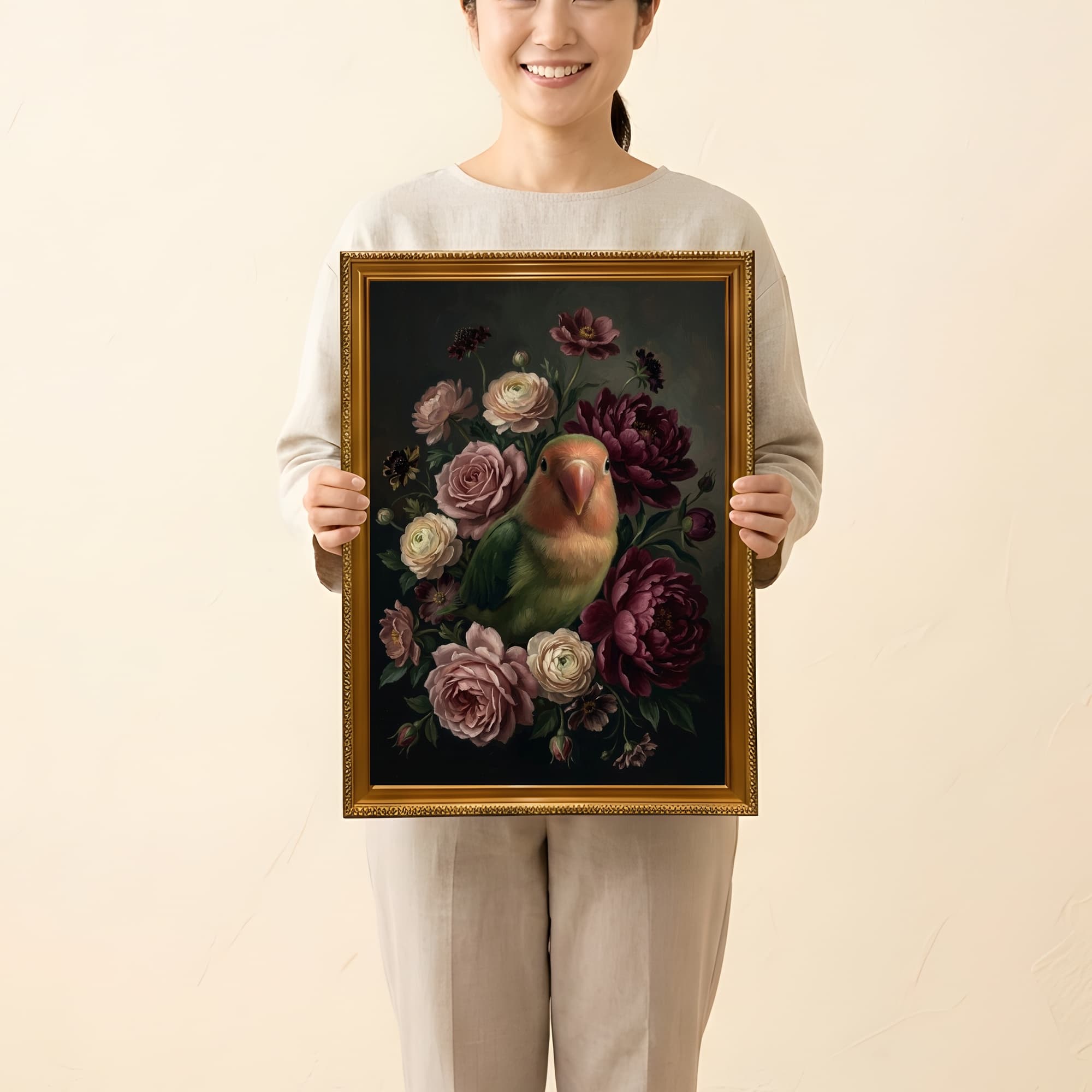コザクラインコの花の油絵風アート花柄額装プリント(A3サイズ) 2