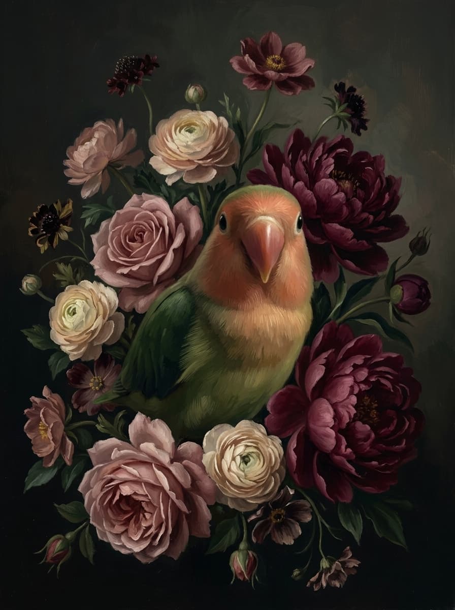 コザクラインコの花の油絵風アート花柄額装プリント(A3サイズ) 4