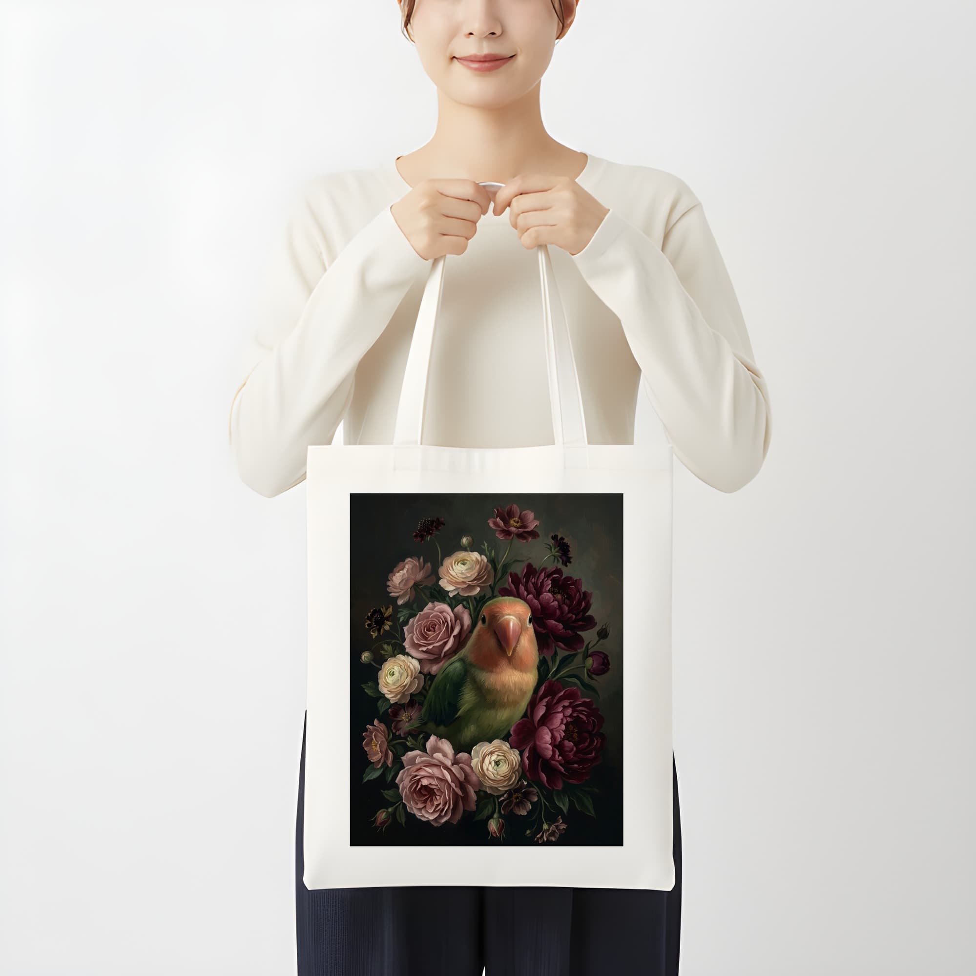 コザクラインコの花の油絵風アート花柄トートバッグ 3