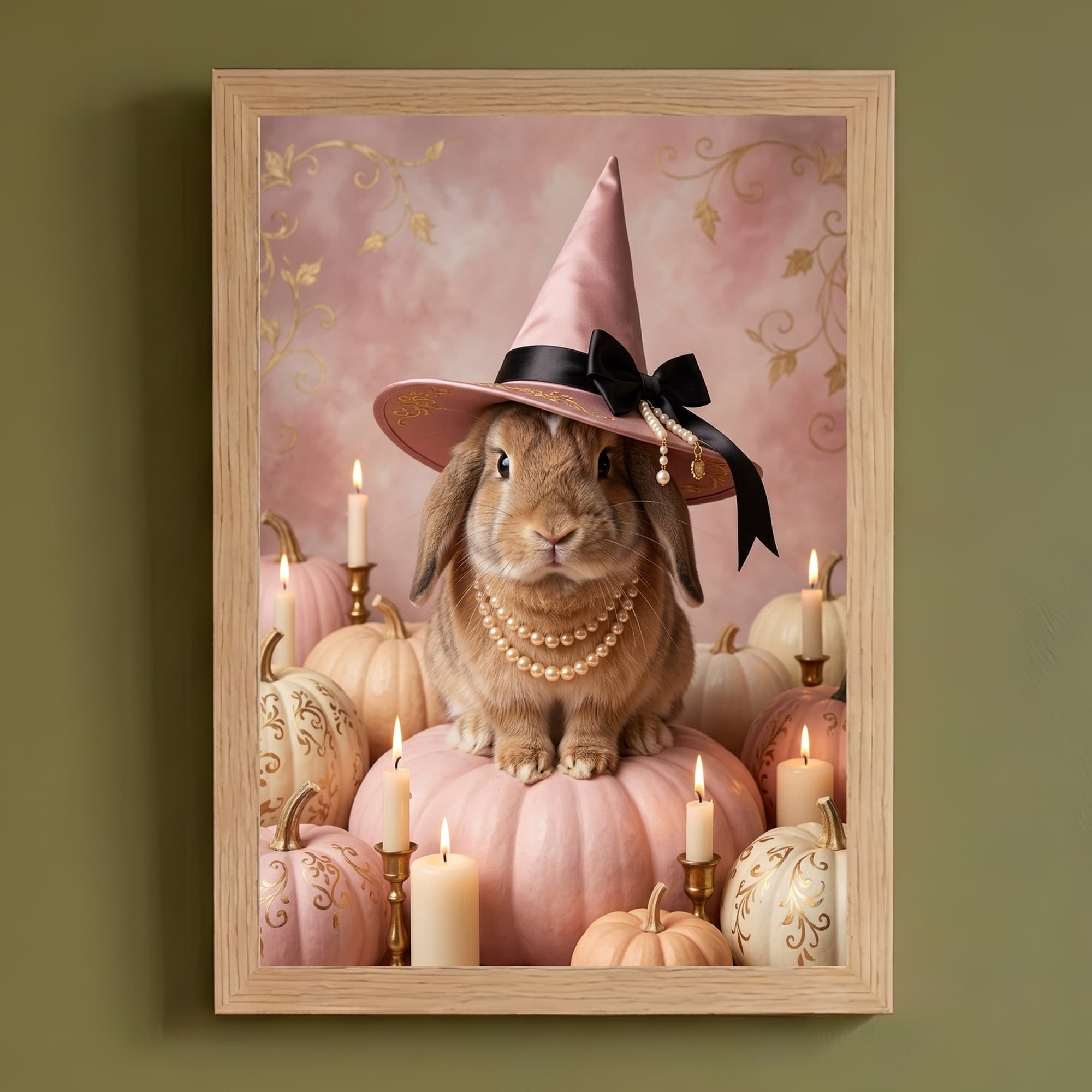 Holland Lop Pumpkin & Candlelight Oil-Painting Halloween Framed Art Print (A4)