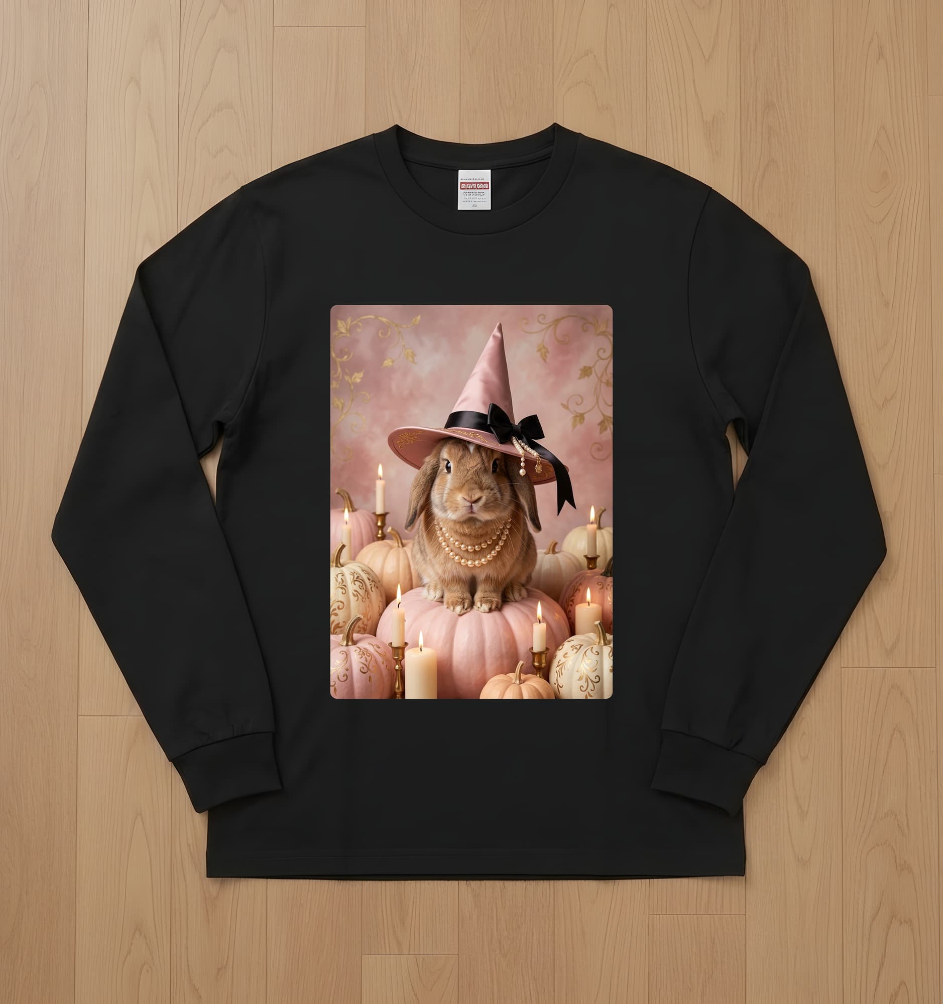 ホーランドロップのかぼちゃとキャンドルの油絵風アートハロウィン長袖Tシャツ(ブラック)