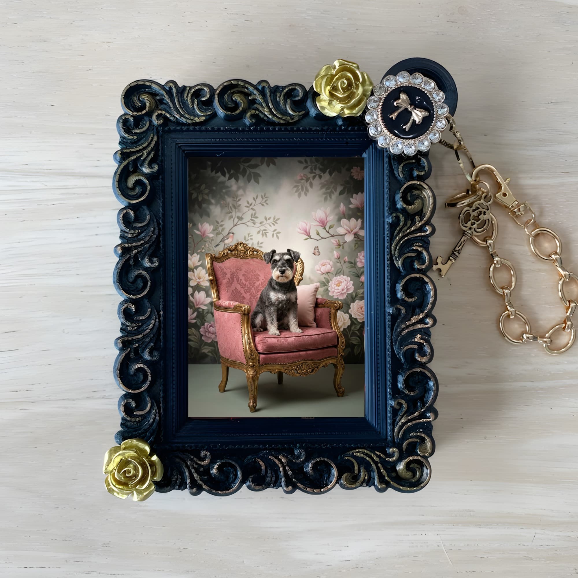 miniature schnauzer Shabby Pink Oil-Painting Rococo Bag Charm (Black)