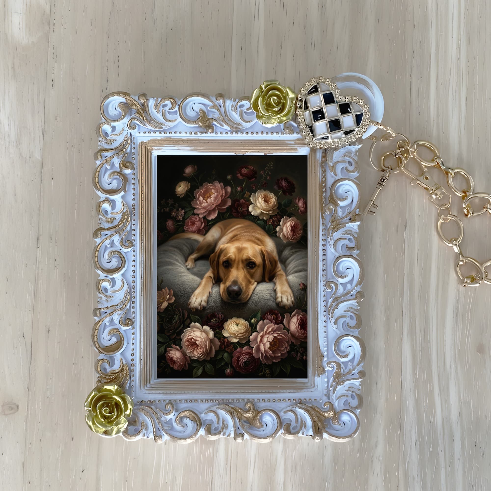 Labrador retriever Floral Oil-Painting Floral Bag Charm (White)