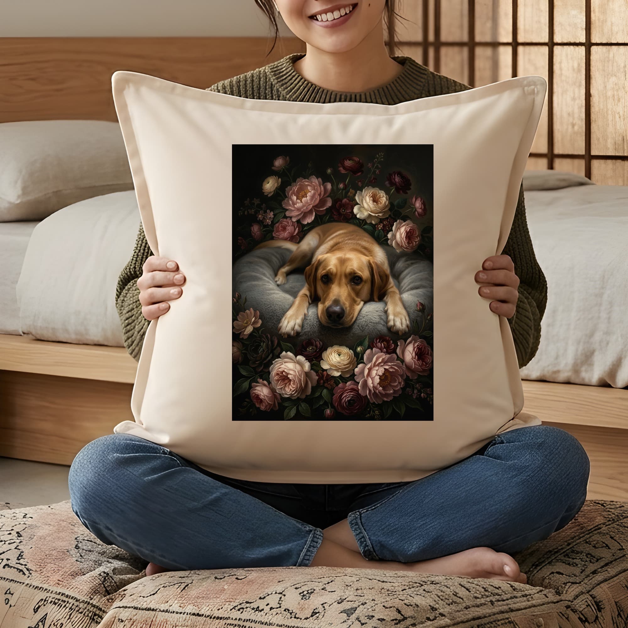 ラブラドールレトリバーの花の油絵風アート花柄クッション 3
