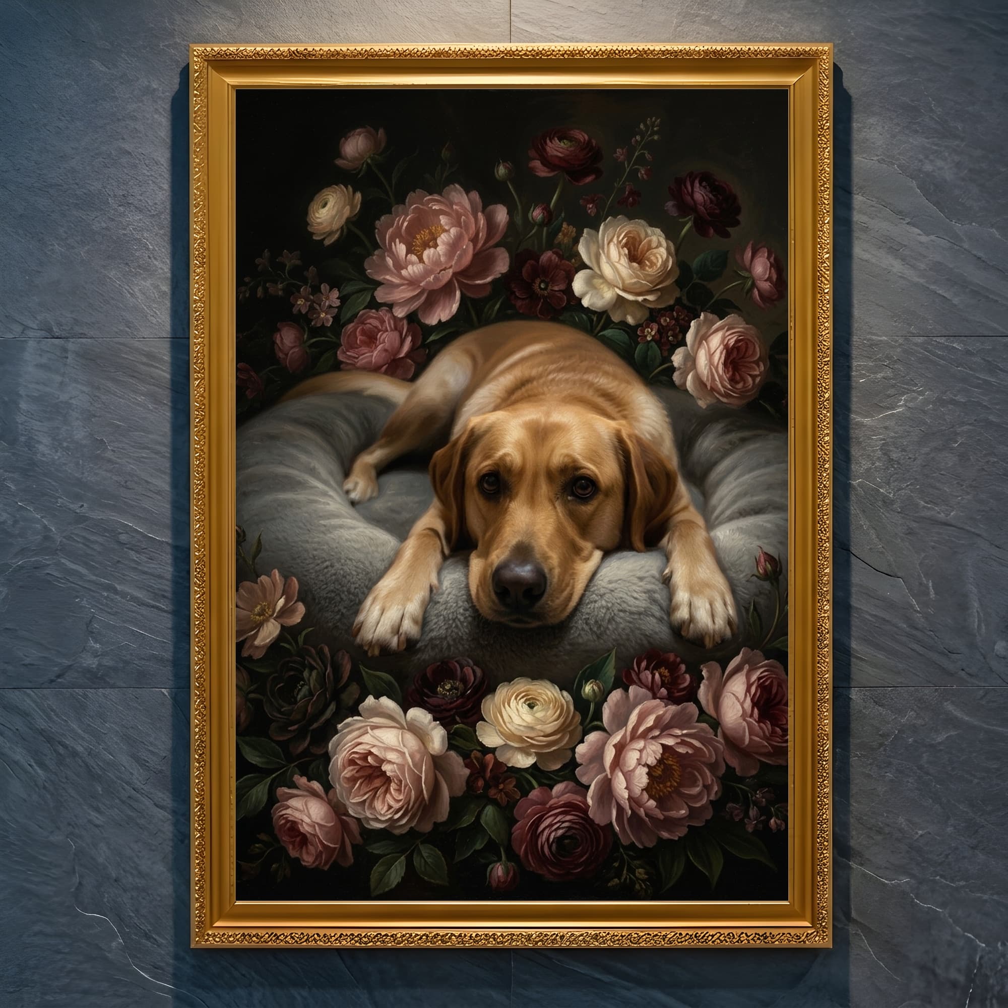 Labrador retriever Floral Oil-Painting Floral Framed Art Print (A4 Gold)