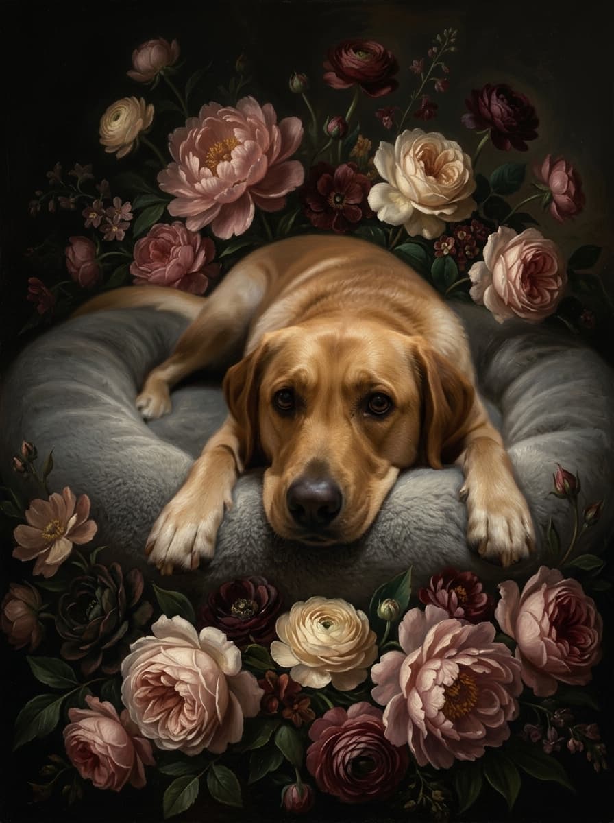 Labrador retriever Floral Oil-Painting Floral Framed Art Print (A4 Gold) 4