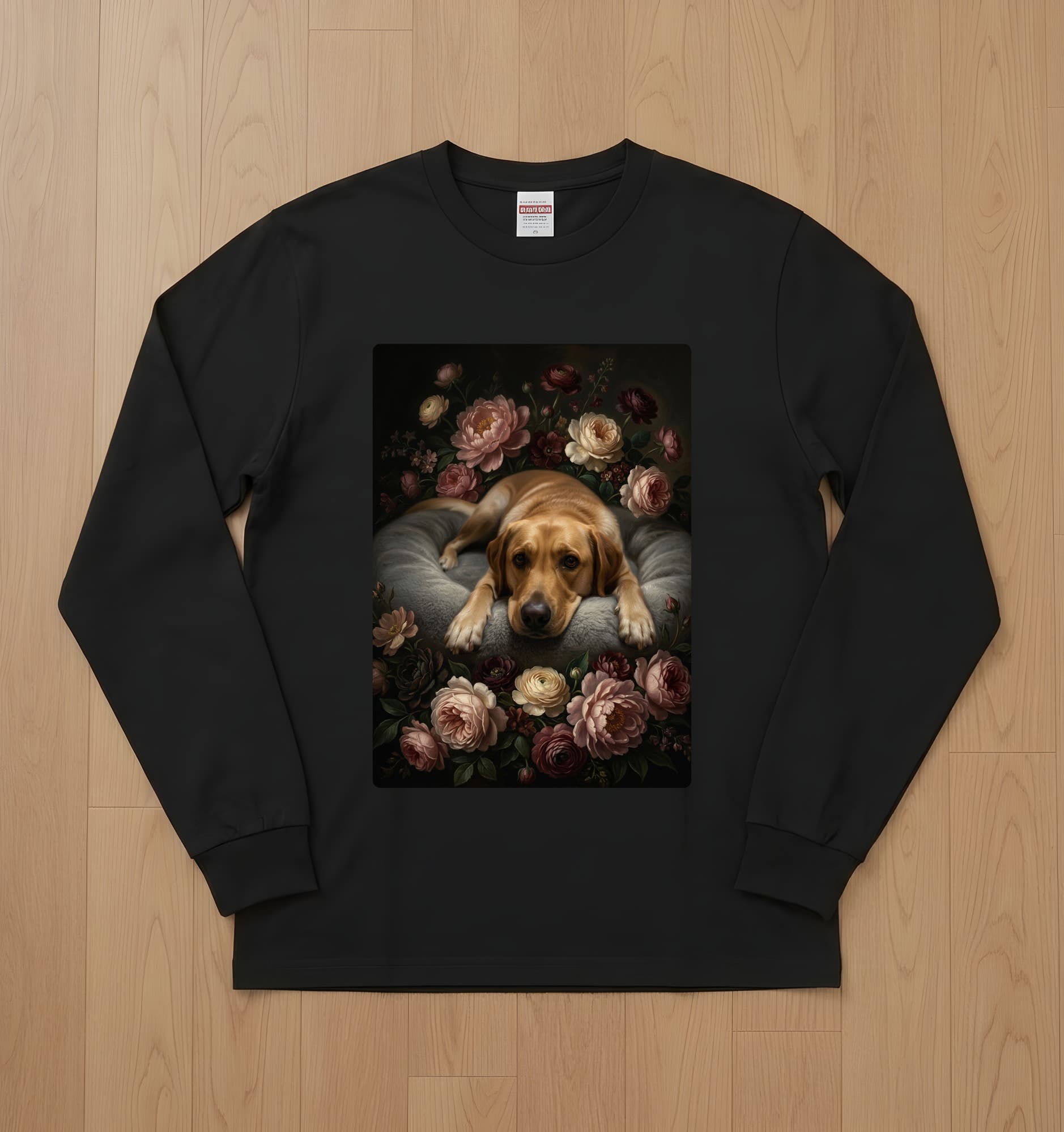 Labrador retriever Floral Oil-Painting Floral Long Sleeve T-Shirt (Black)