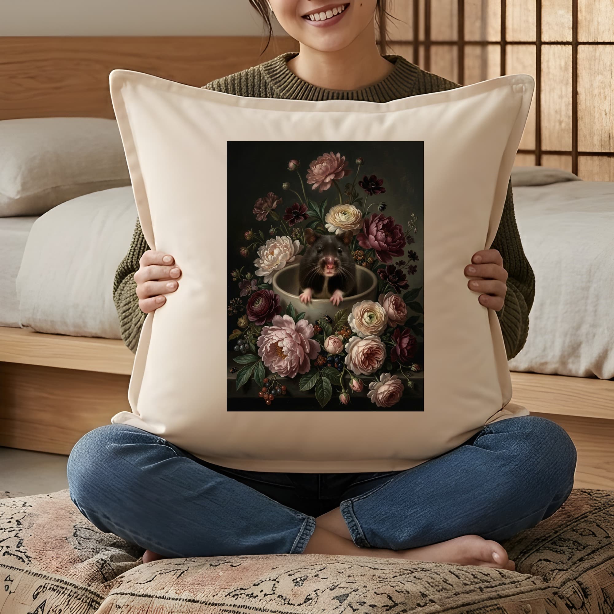 ブラックベアハムスターの花の油絵風アート花柄クッション 3