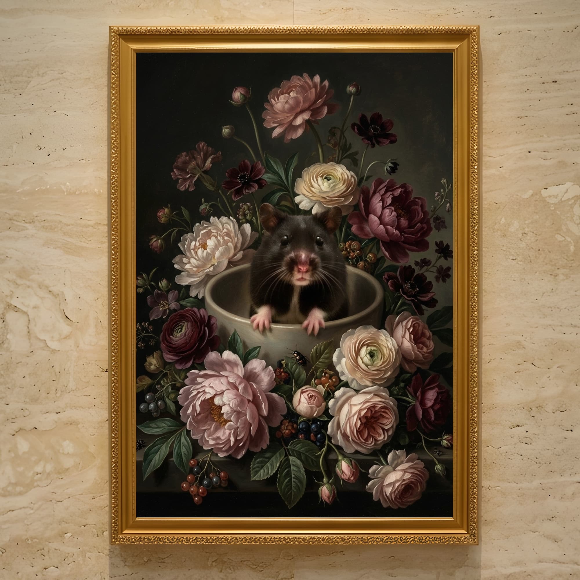 ブラックベアハムスターの花の油絵風アート花柄額装プリント(A3サイズ)