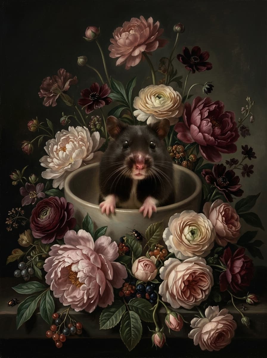 ブラックベアハムスターの花の油絵風アート花柄額装プリント(A3サイズ) 4