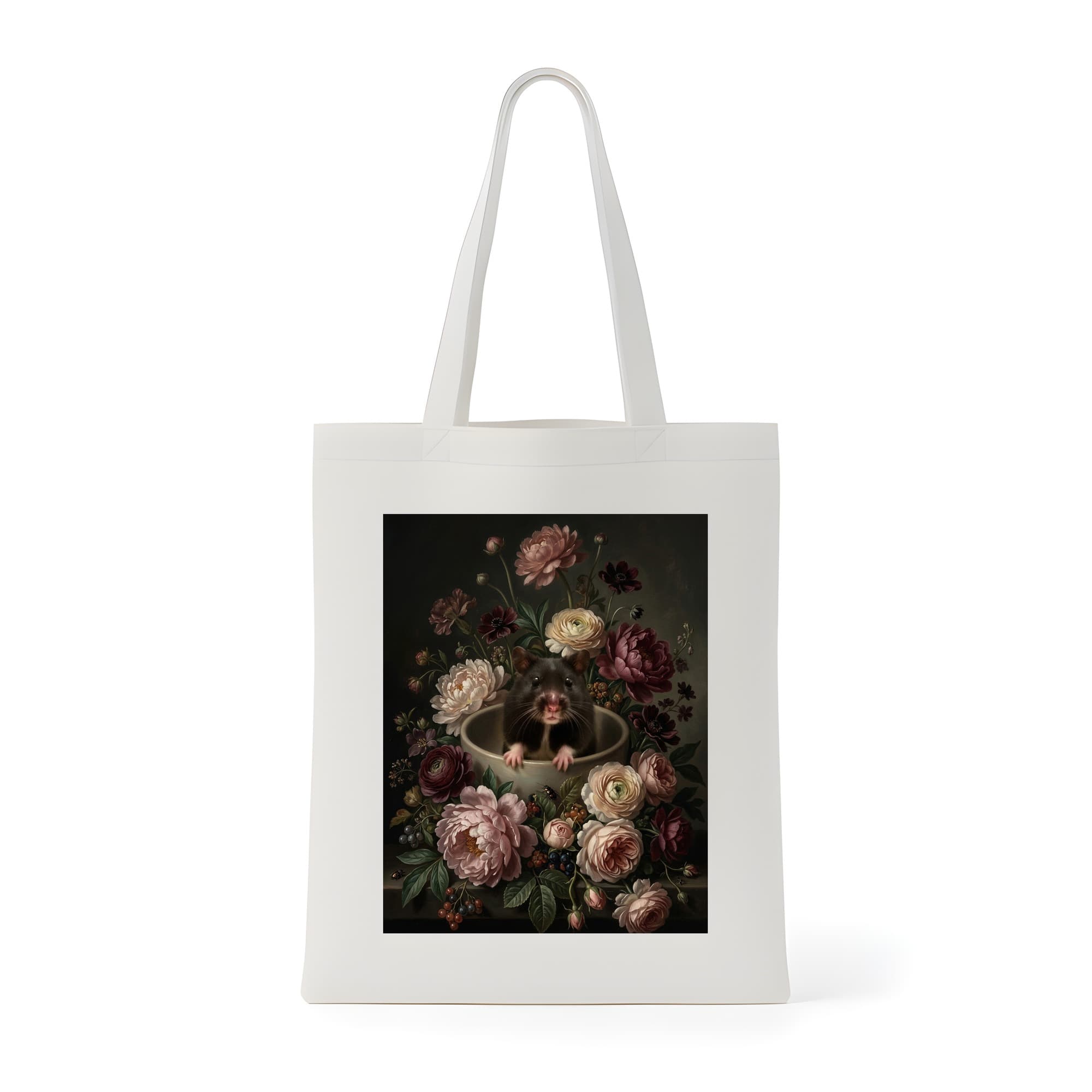 ブラックベアハムスターの花の油絵風アート花柄トートバッグ
