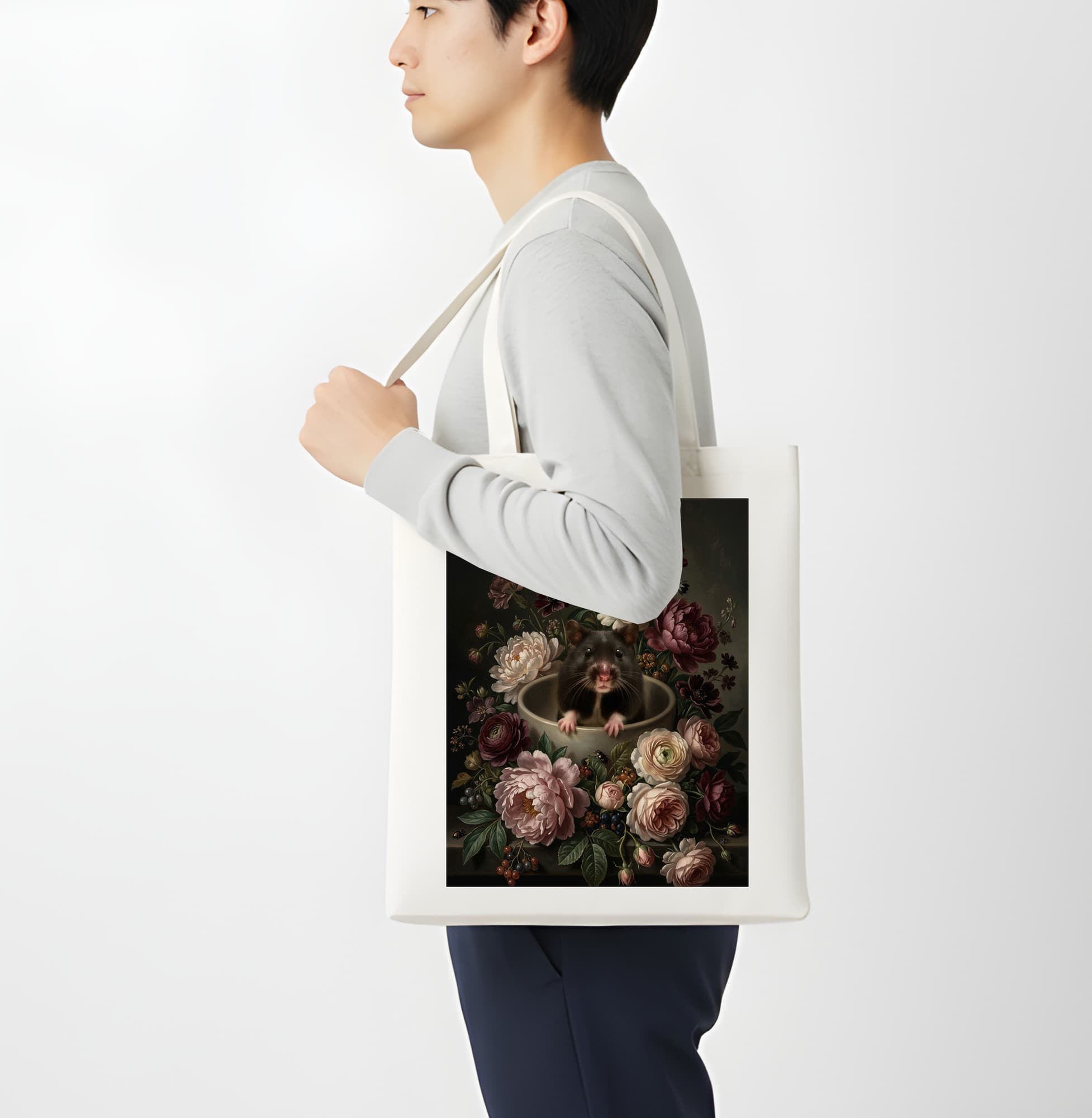 ブラックベアハムスターの花の油絵風アート花柄トートバッグ 4